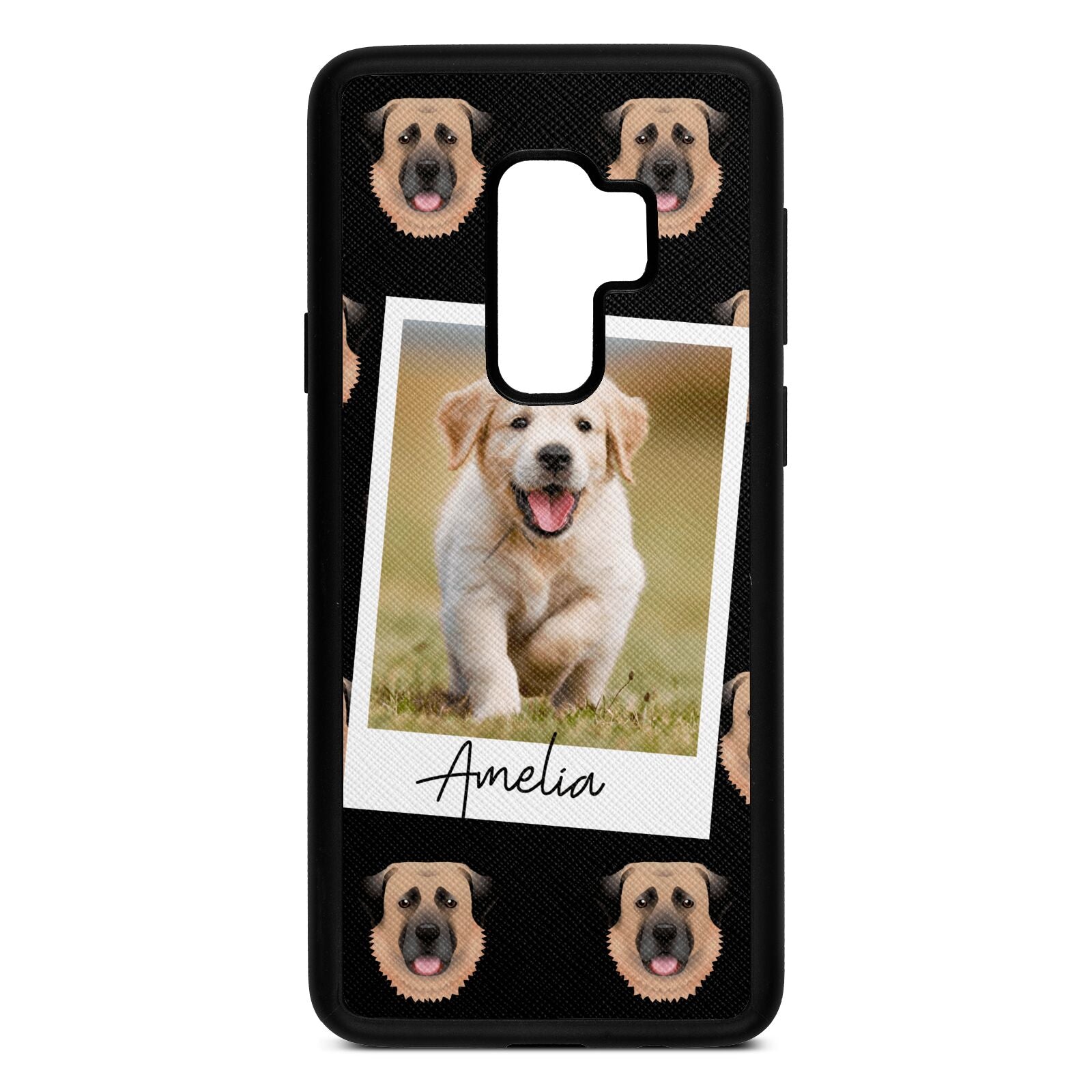 Personalised Dog Photo Black Saffiano Leather Samsung S9 Plus Case