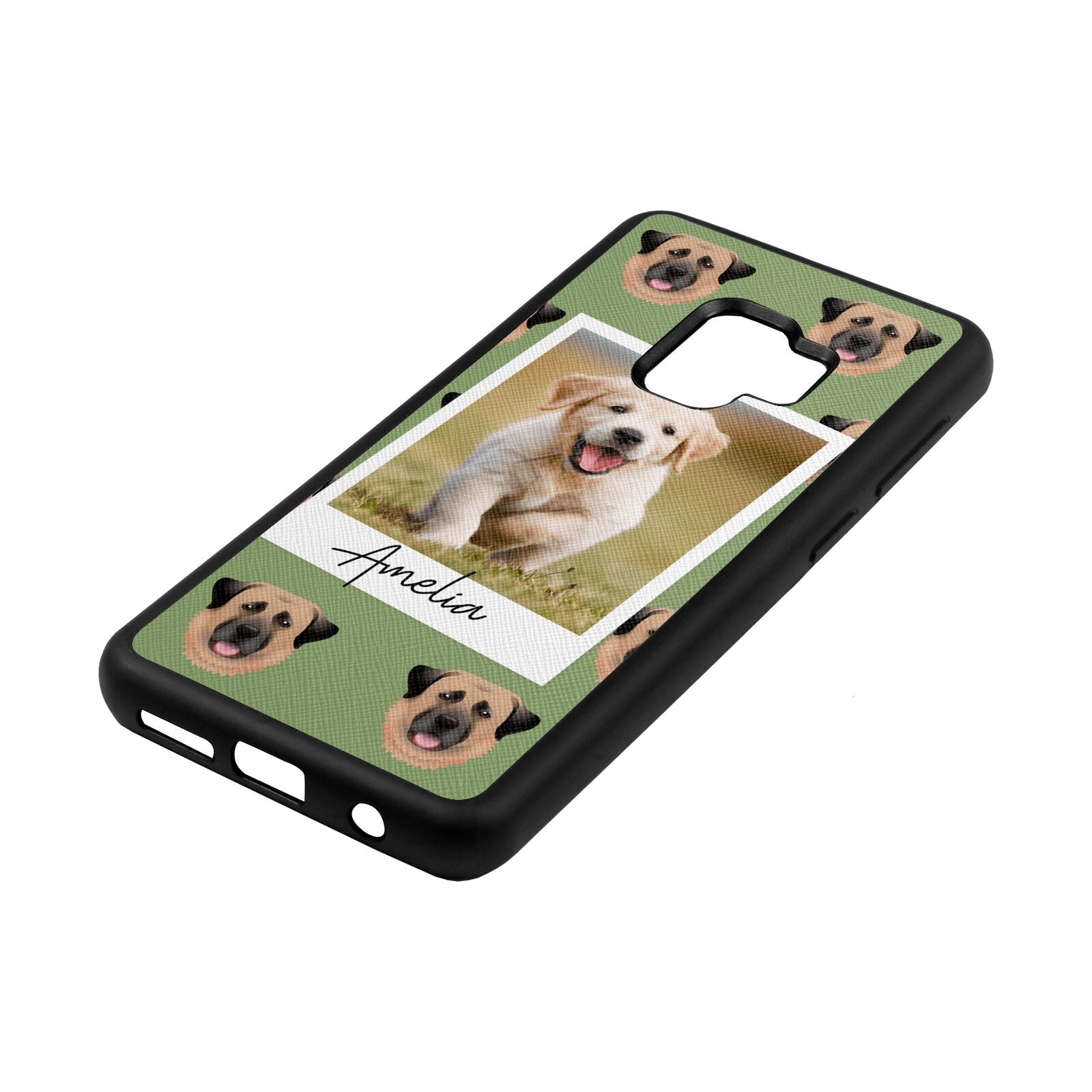 Personalised Dog Photo Lime Saffiano Leather Samsung S9 Case Side Angle