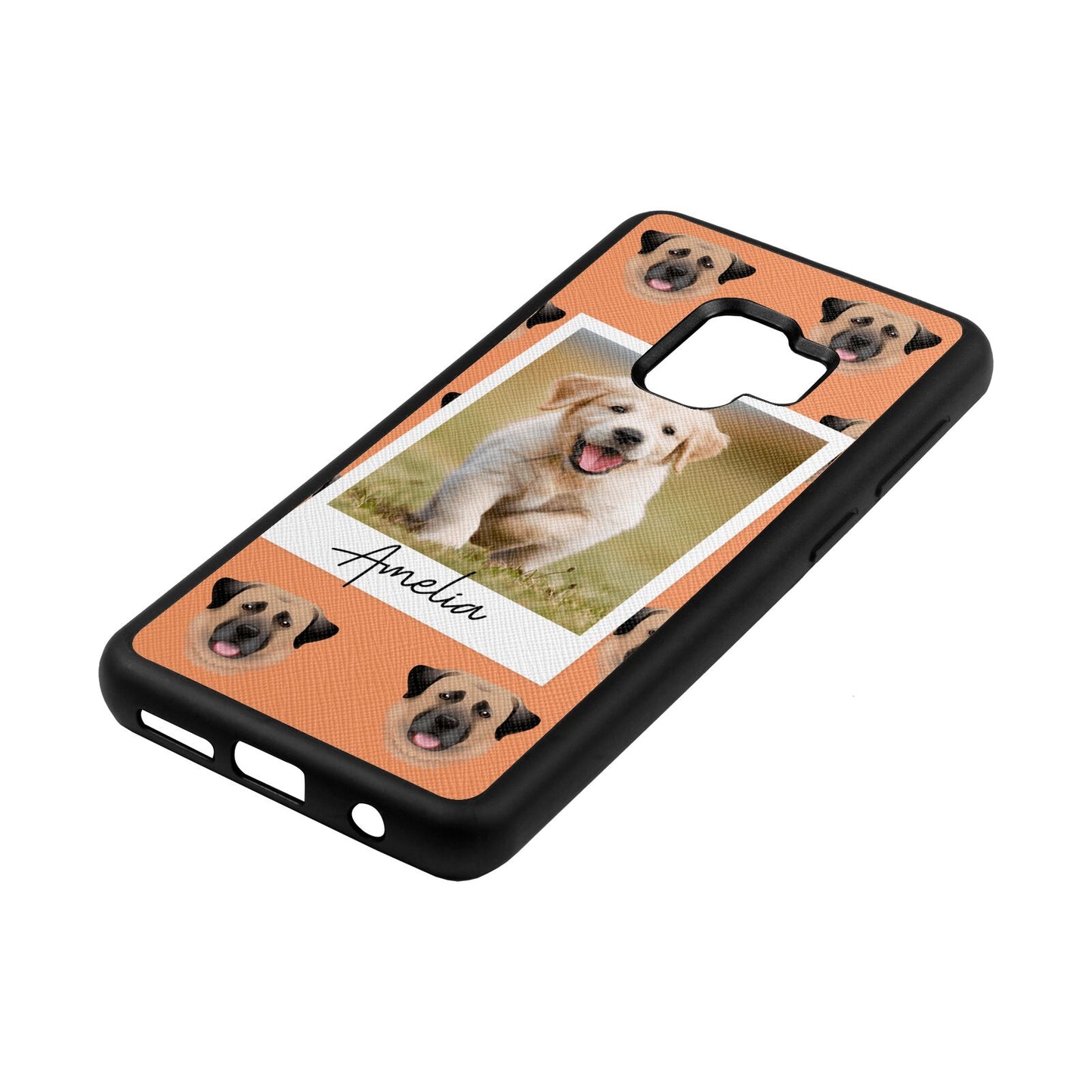 Personalised Dog Photo Orange Saffiano Leather Samsung S9 Case Side Angle