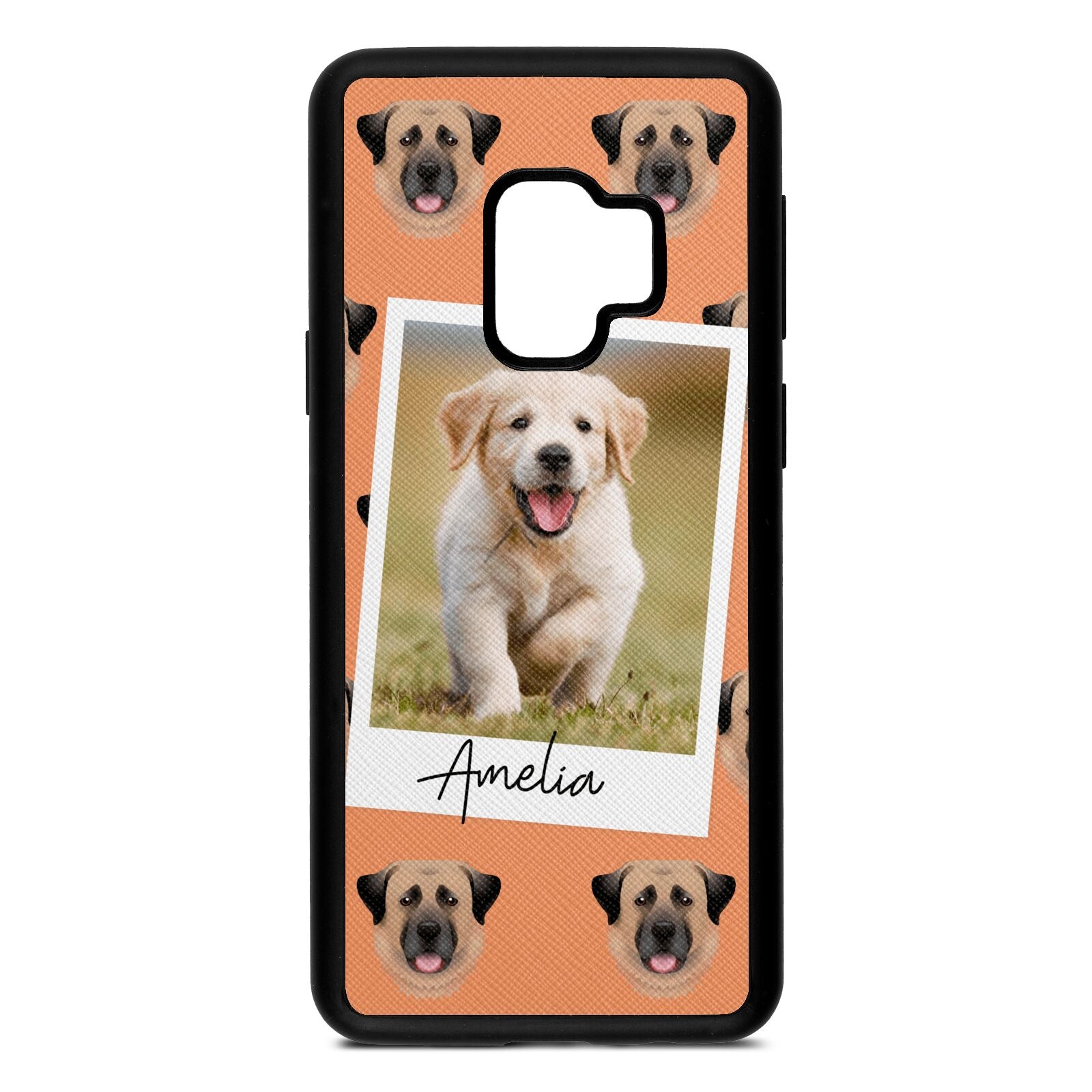 Personalised Dog Photo Orange Saffiano Leather Samsung S9 Case410749