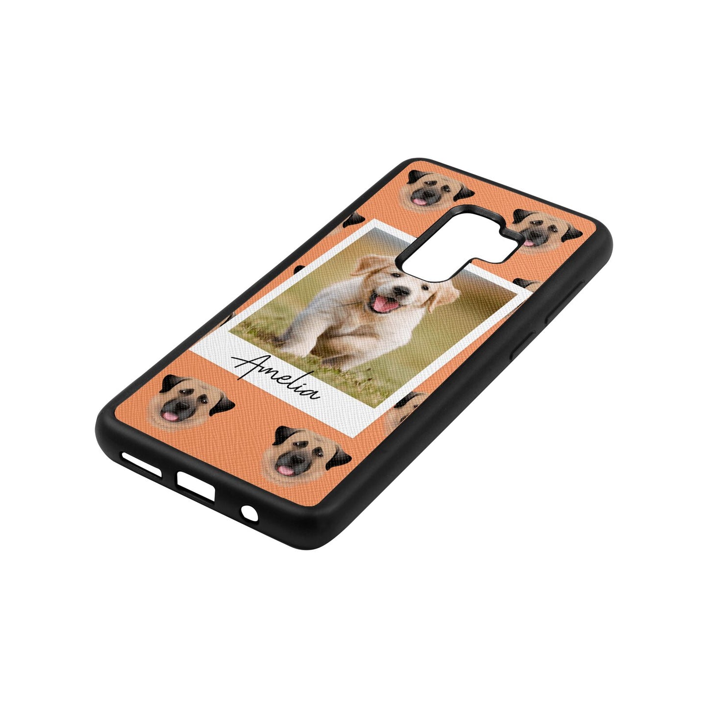 Personalised Dog Photo Orange Saffiano Leather Samsung S9 Plus Case Side Angle