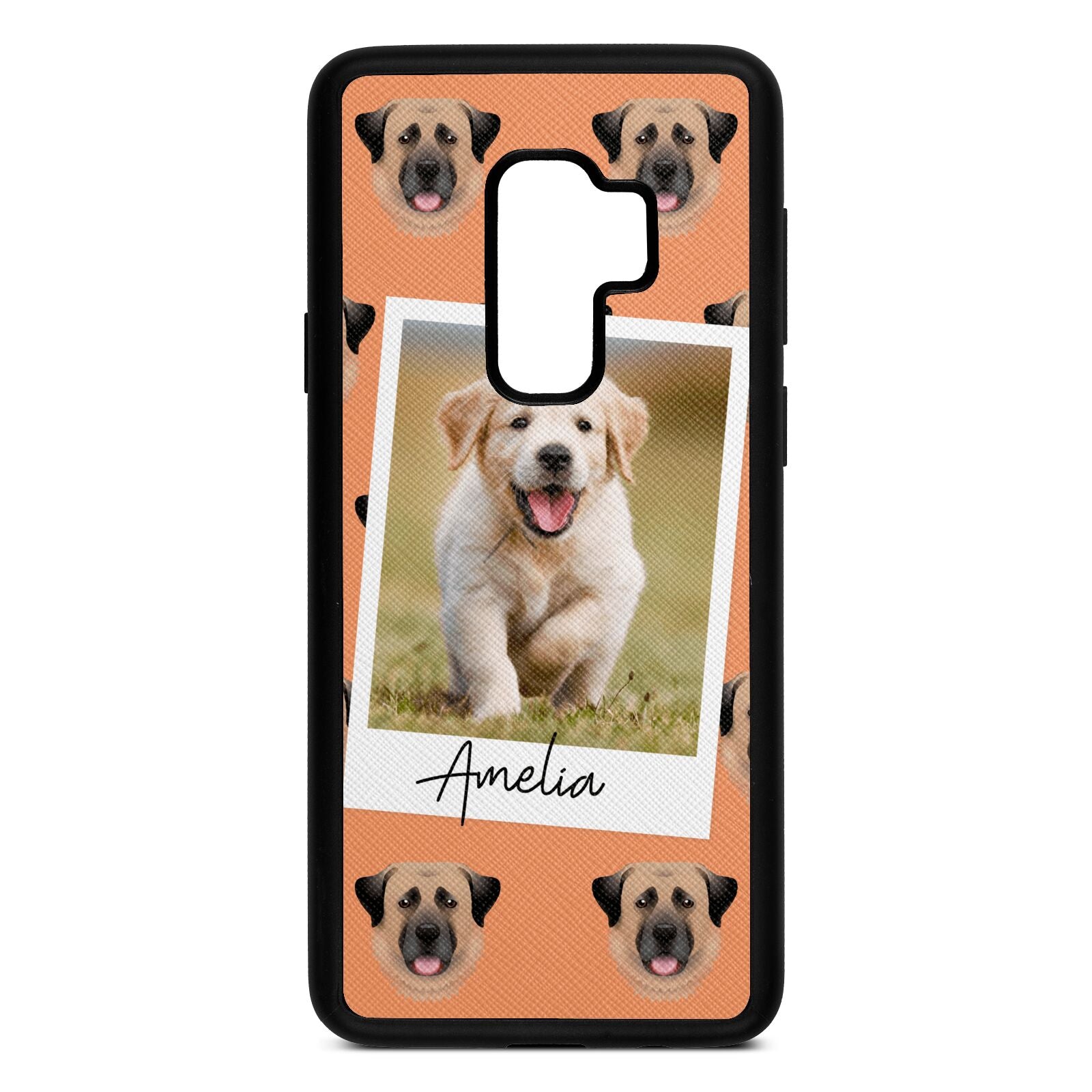 Personalised Dog Photo Orange Saffiano Leather Samsung S9 Plus Case