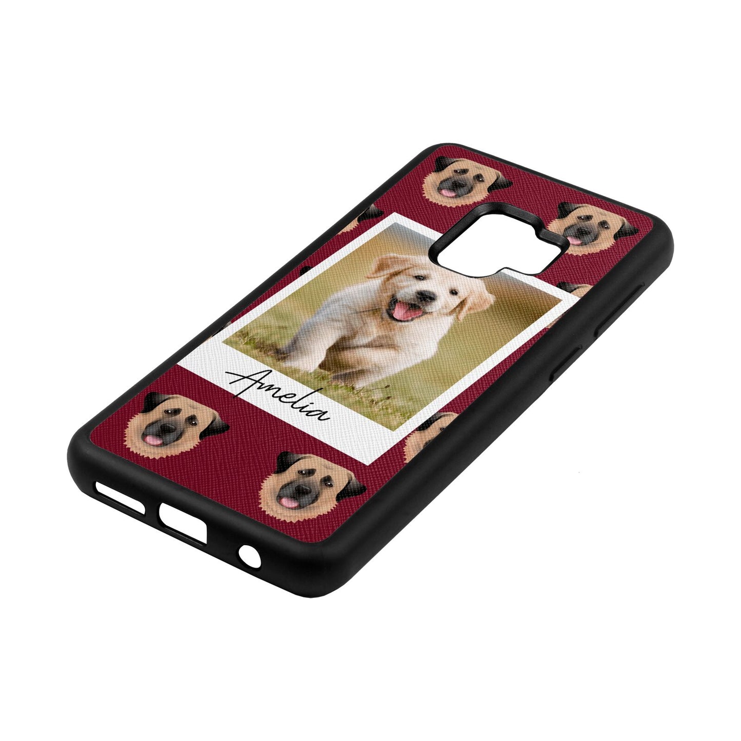 Personalised Dog Photo Wine Red Saffiano Leather Samsung S9 Case Side Angle