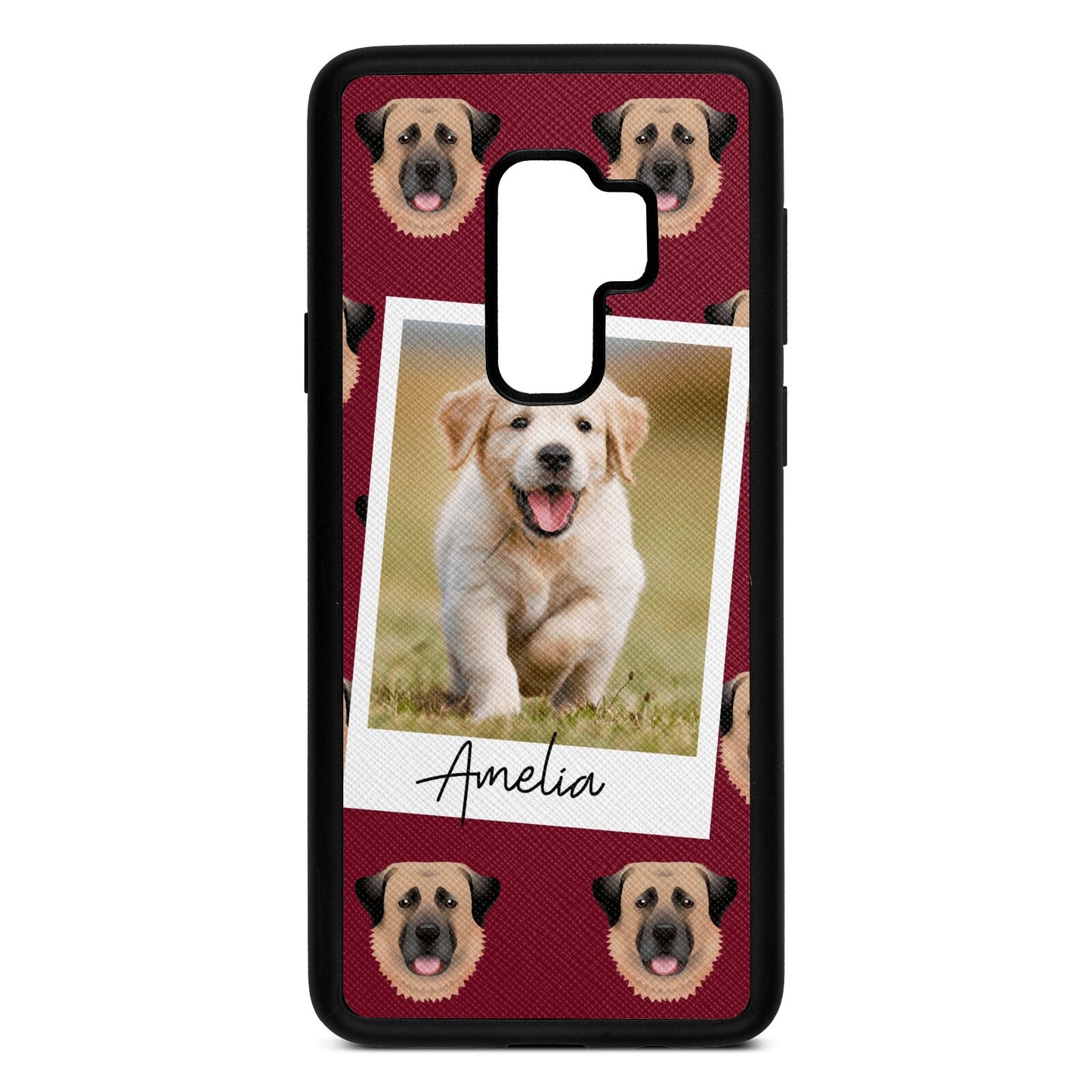 Personalised Dog Photo Wine Red Saffiano Leather Samsung S9 Plus Case