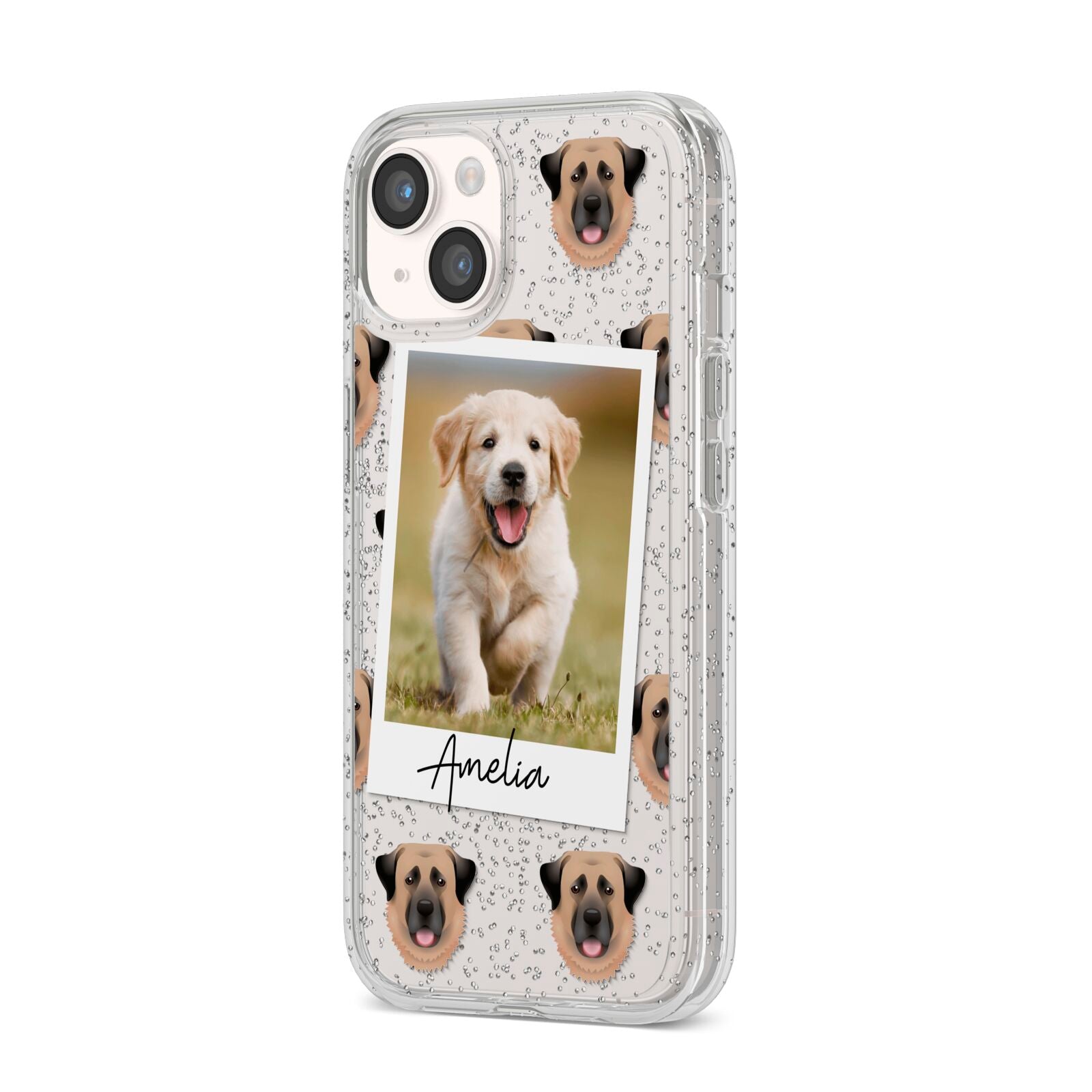 Personalised Dog Photo iPhone 14 Glitter Tough Case Starlight Angled Image