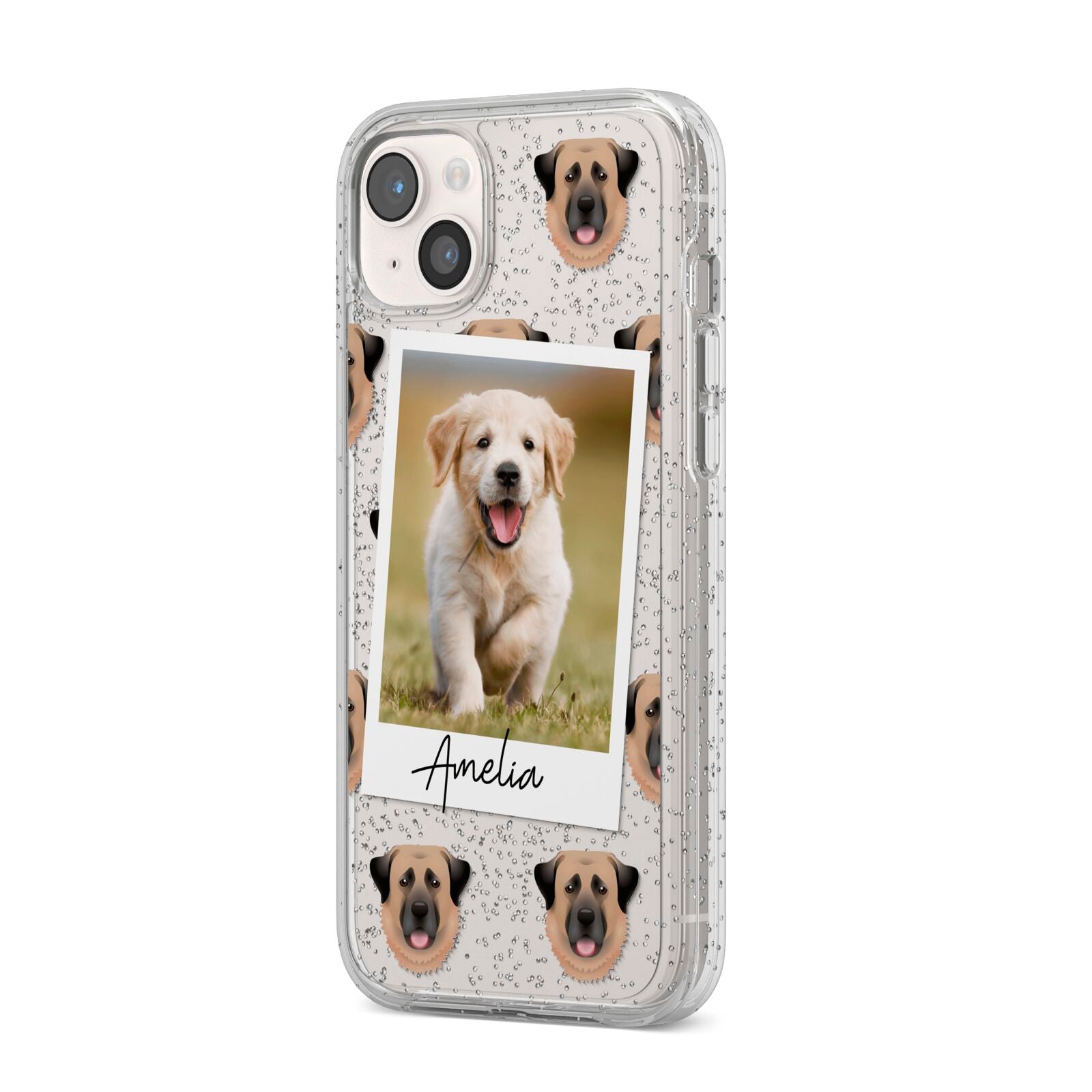 Personalised Dog Photo iPhone 14 Plus Glitter Tough Case Starlight Angled Image