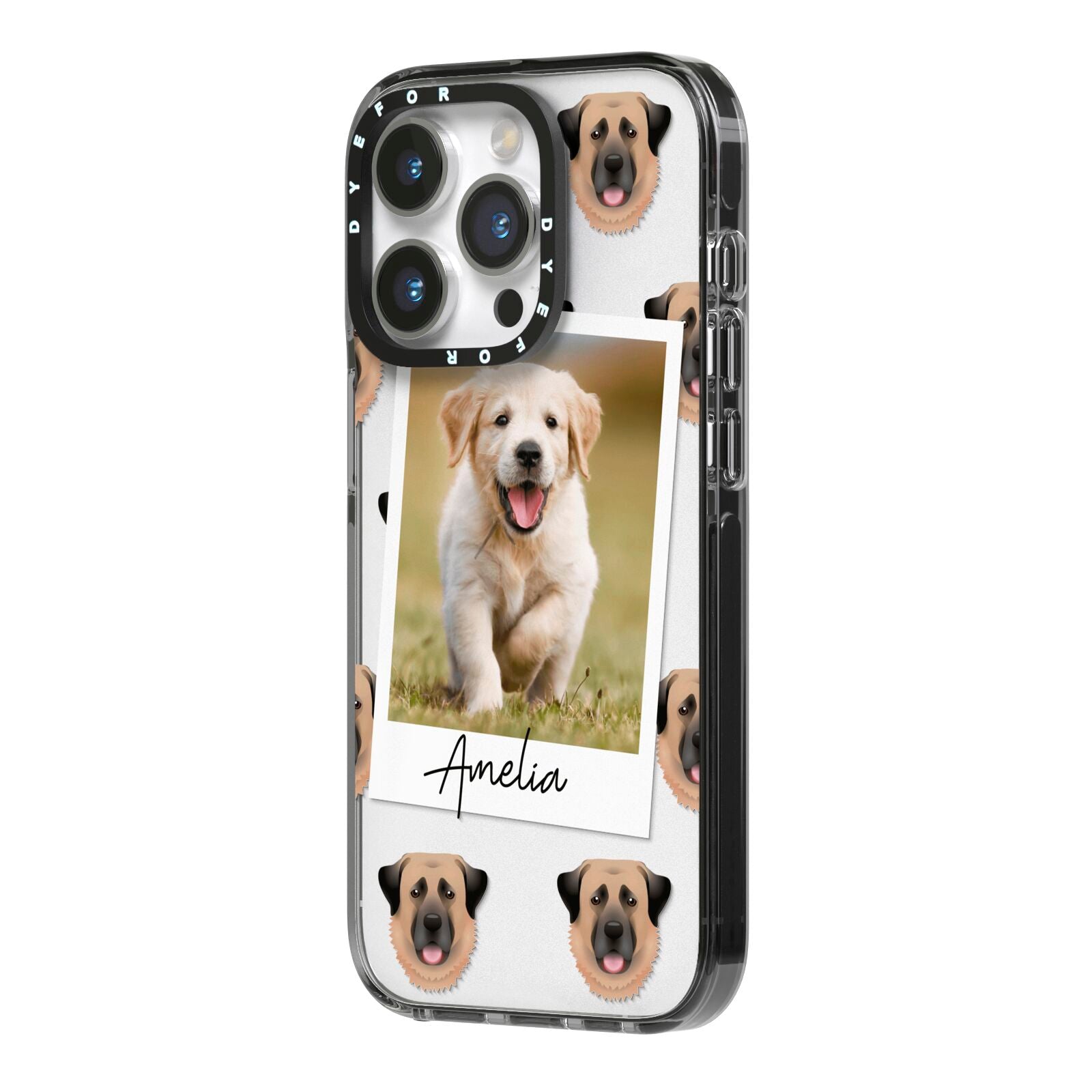 Personalised Dog Photo iPhone 14 Pro Black Impact Case Side Angle on Silver phone