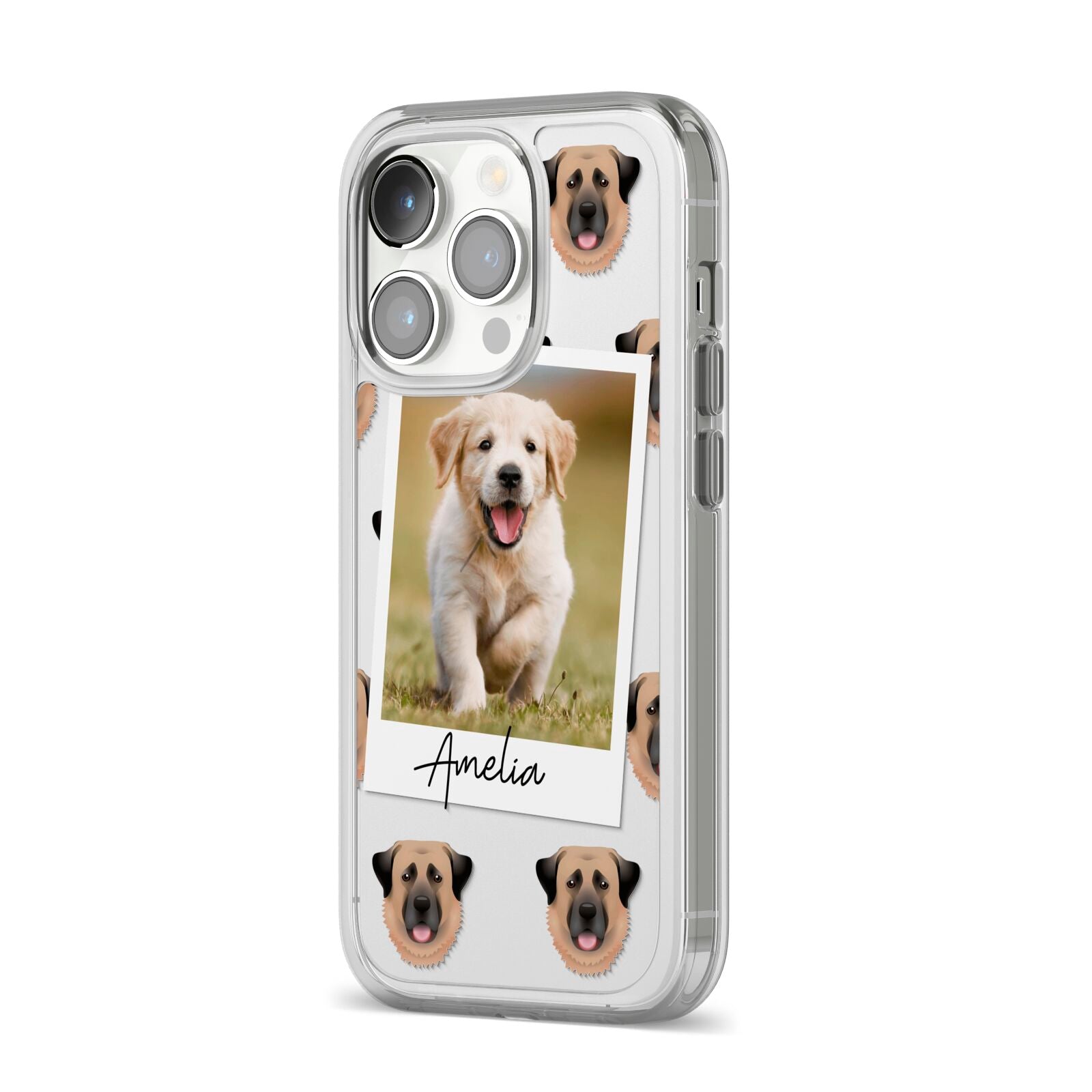 Personalised Dog Photo iPhone 14 Pro Clear Tough Case Silver Angled Image