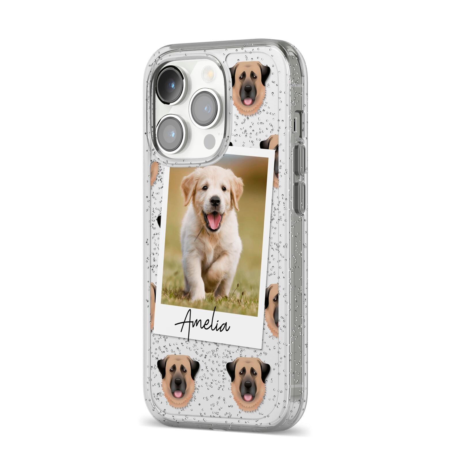 Personalised Dog Photo iPhone 14 Pro Glitter Tough Case Silver Angled Image