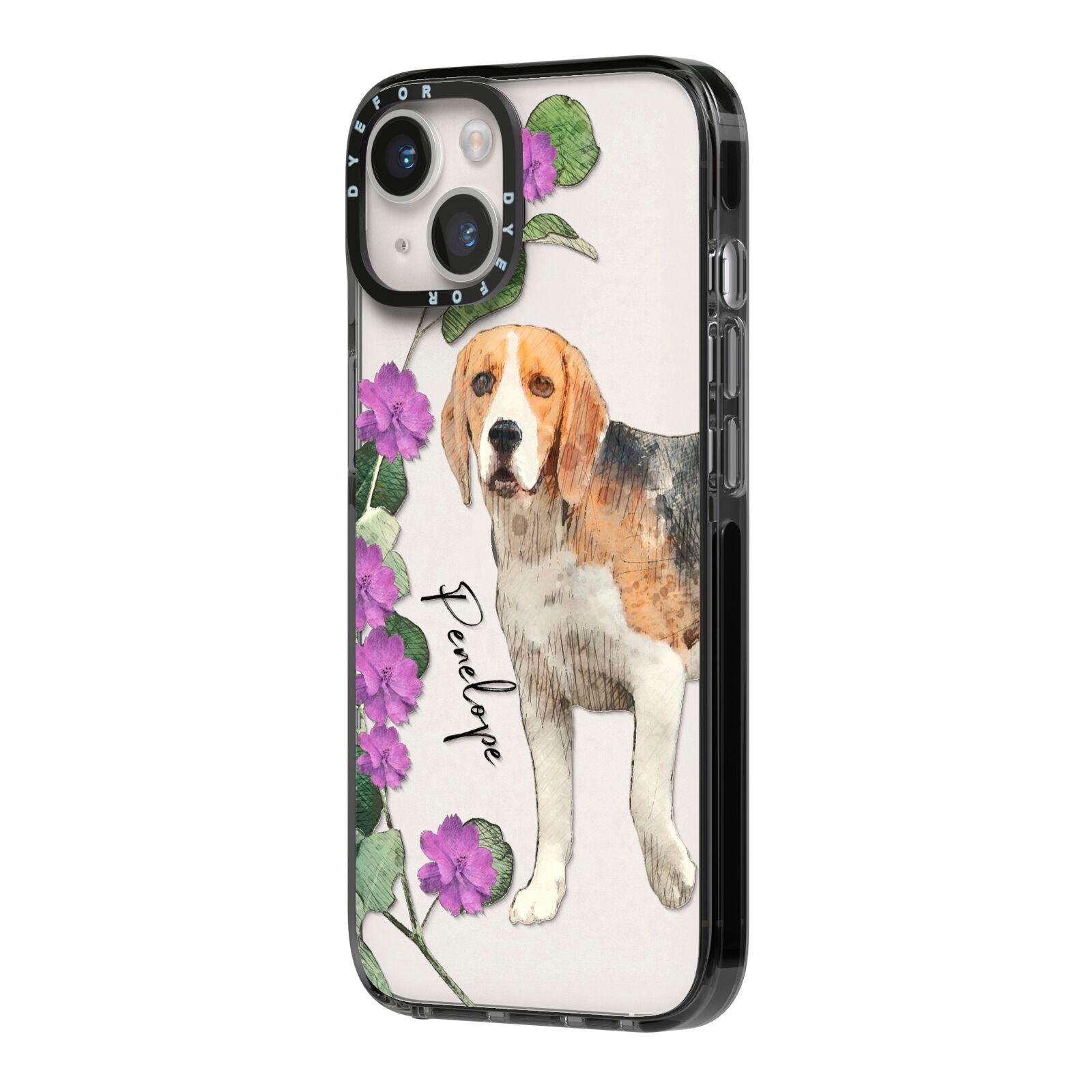 Personalised Dog iPhone 14 Black Impact Case Side Angle on Silver phone