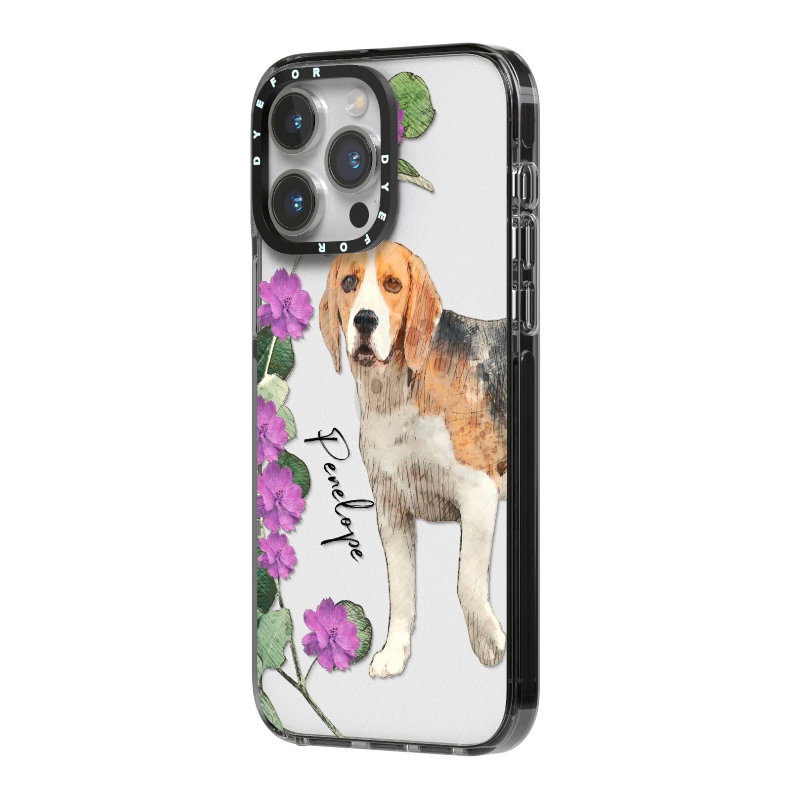 Personalised Dog iPhone 14 Pro Max Black Impact Case Side Angle on Silver phone