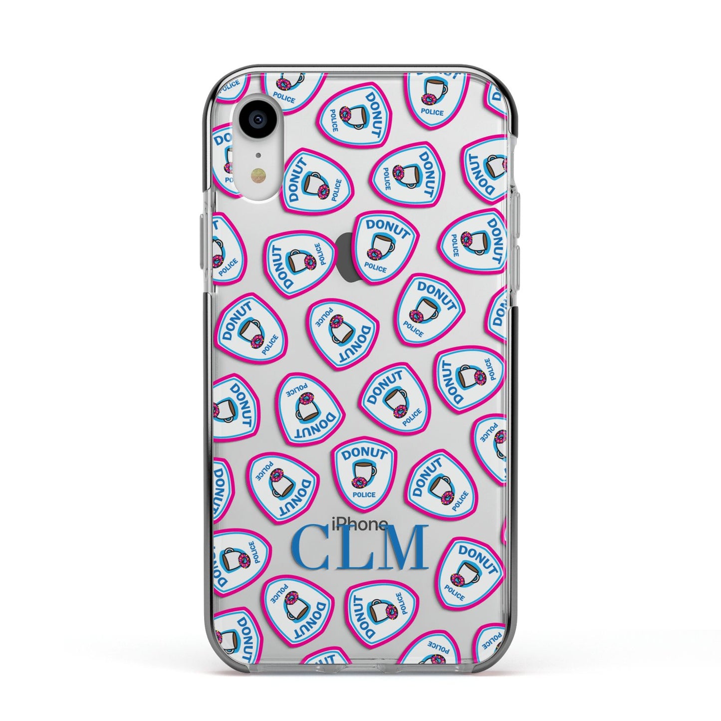 Personalised Donut Police Initials Apple iPhone XR Impact Case Black Edge on Silver Phone
