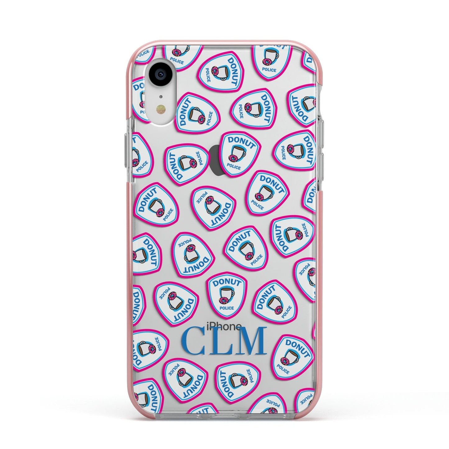 Personalised Donut Police Initials Apple iPhone XR Impact Case Pink Edge on Silver Phone