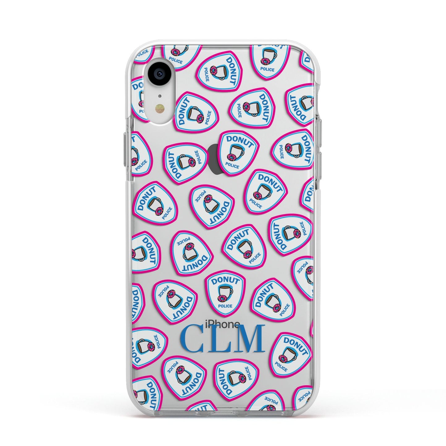 Personalised Donut Police Initials Apple iPhone XR Impact Case White Edge on Silver Phone