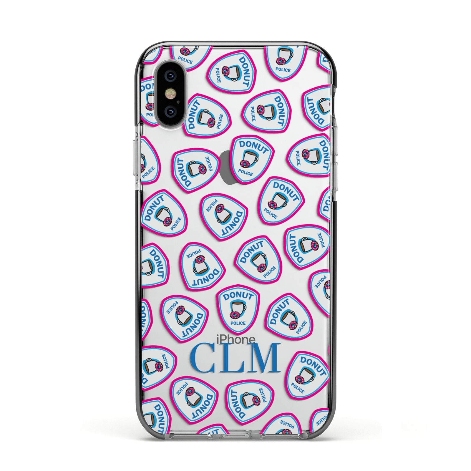 Personalised Donut Police Initials Apple iPhone Xs Impact Case Black Edge on Silver Phone