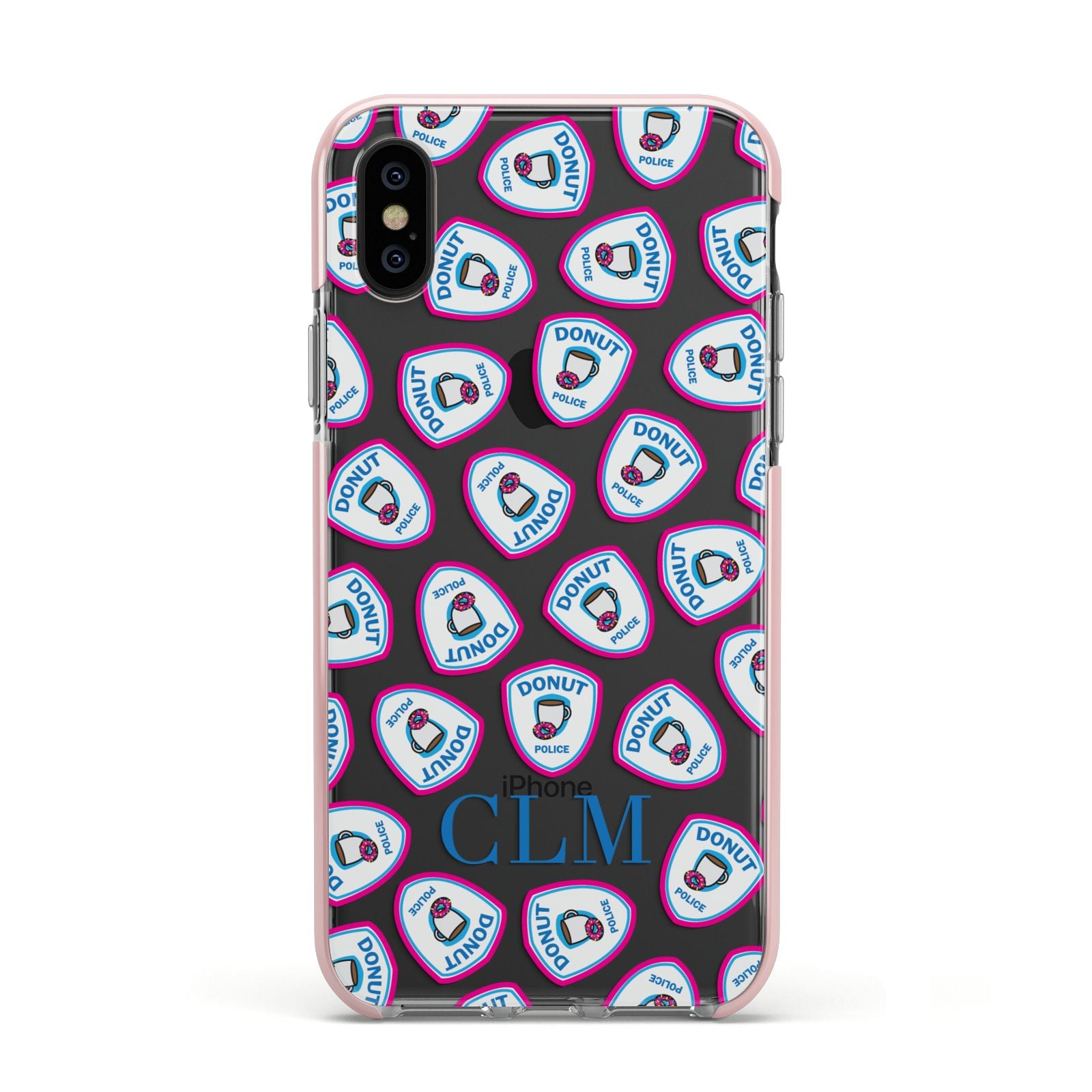 Personalised Donut Police Initials Apple iPhone Xs Impact Case Pink Edge on Black Phone