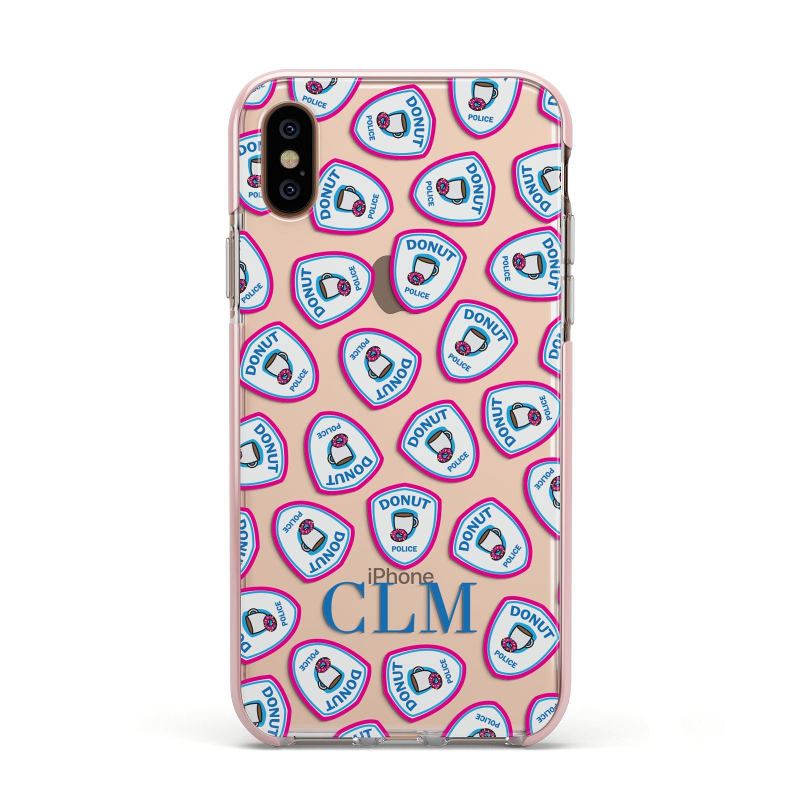 Personalised Donut Police Initials Apple iPhone Xs Impact Case Pink Edge on Gold Phone