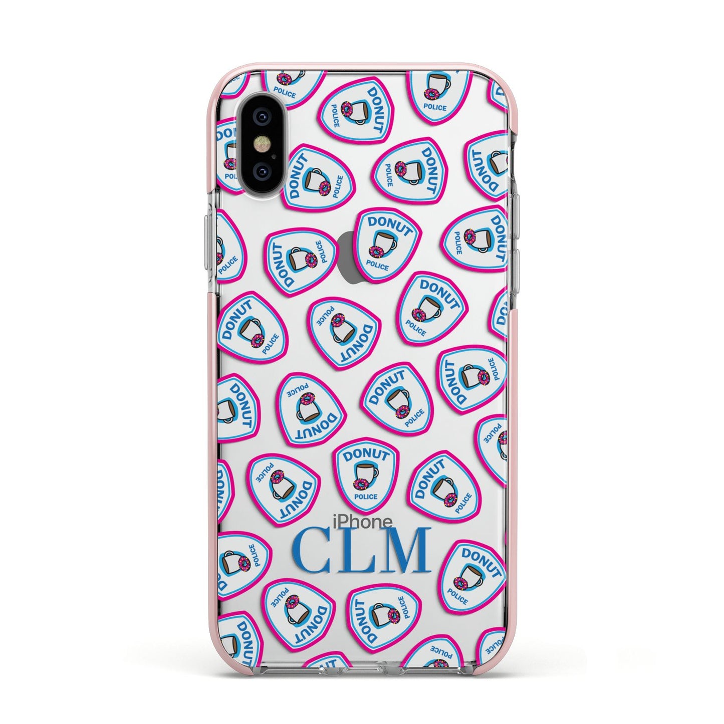 Personalised Donut Police Initials Apple iPhone Xs Impact Case Pink Edge on Silver Phone