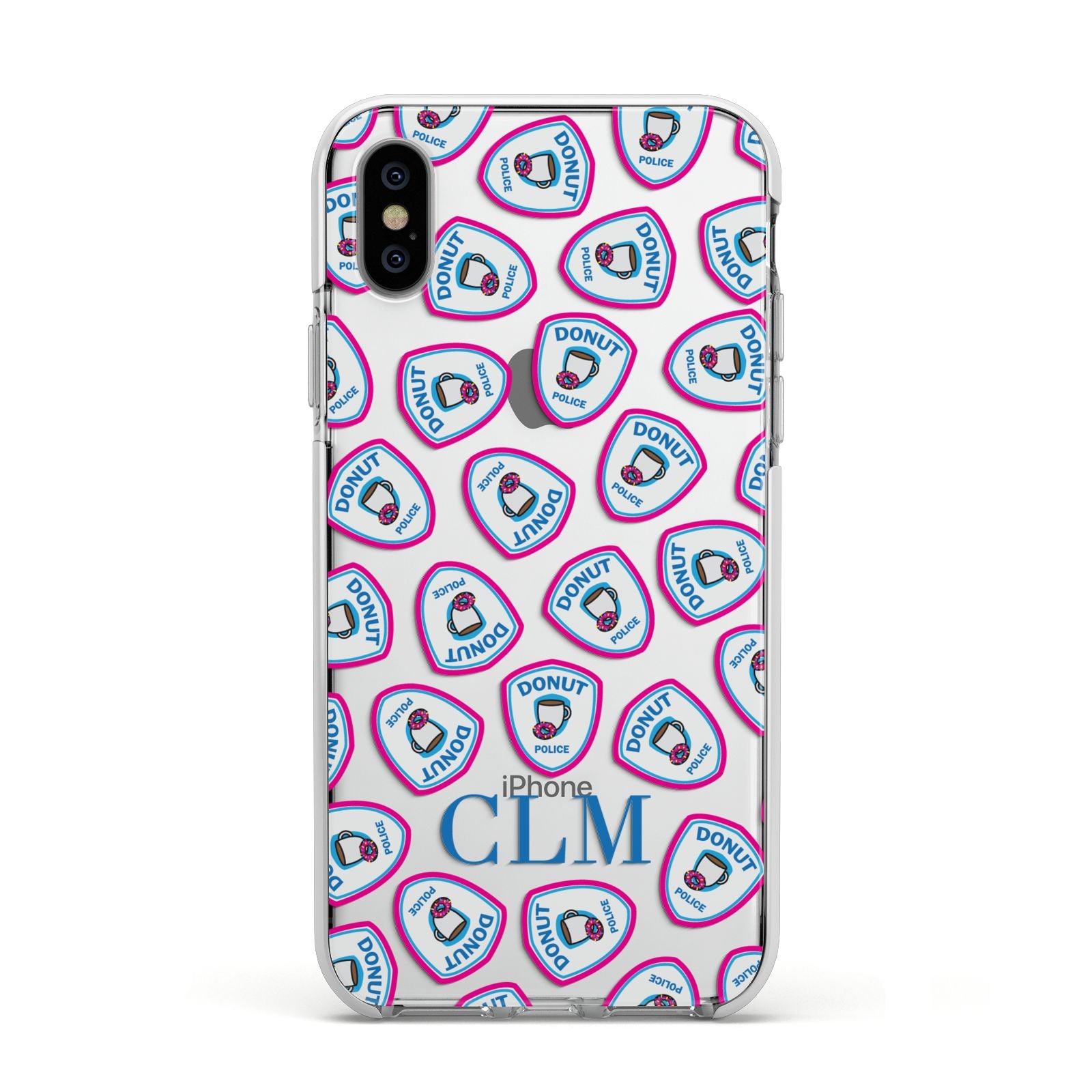 Personalised Donut Police Initials Apple iPhone Xs Impact Case White Edge on Silver Phone