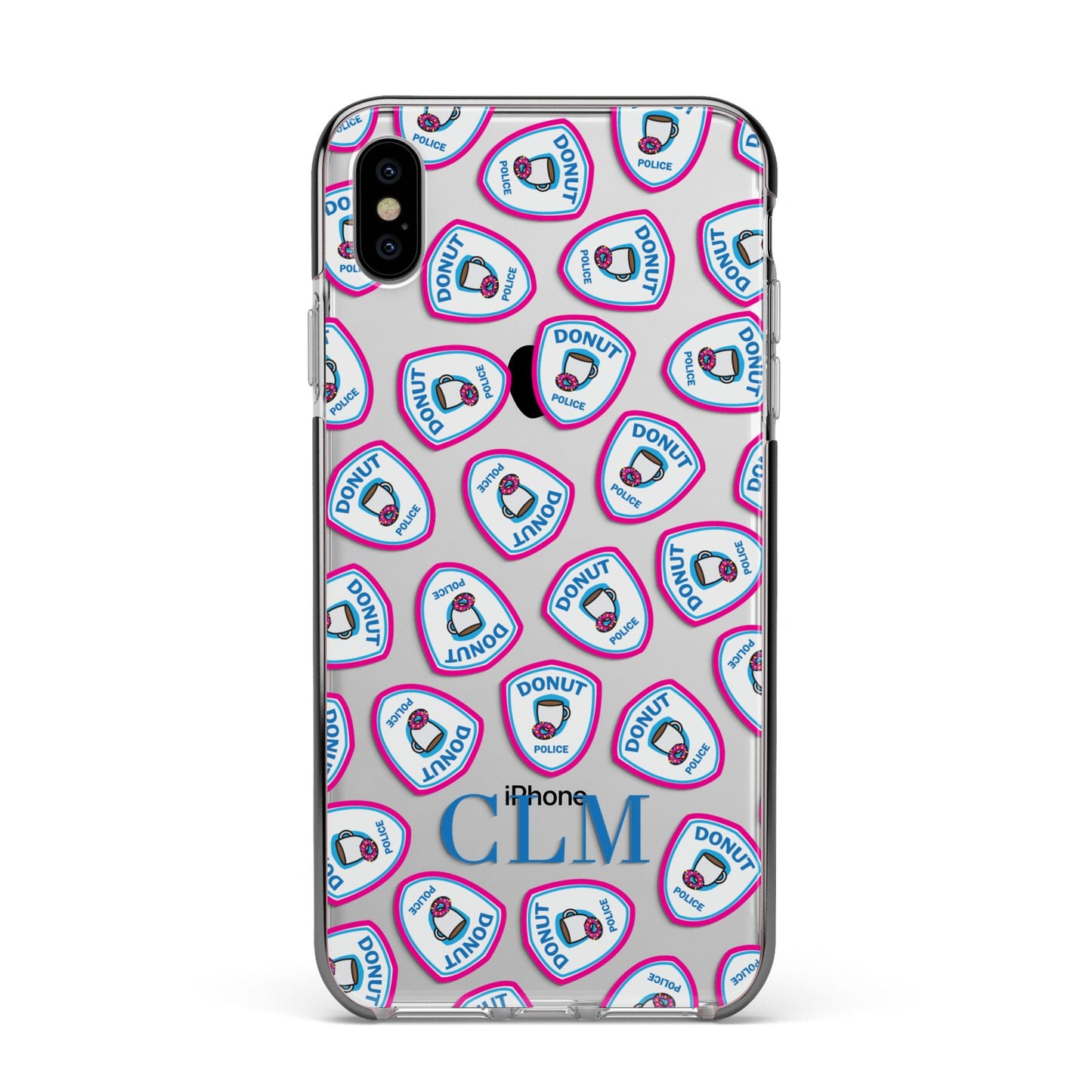 Personalised Donut Police Initials Apple iPhone Xs Max Impact Case Black Edge on Silver Phone