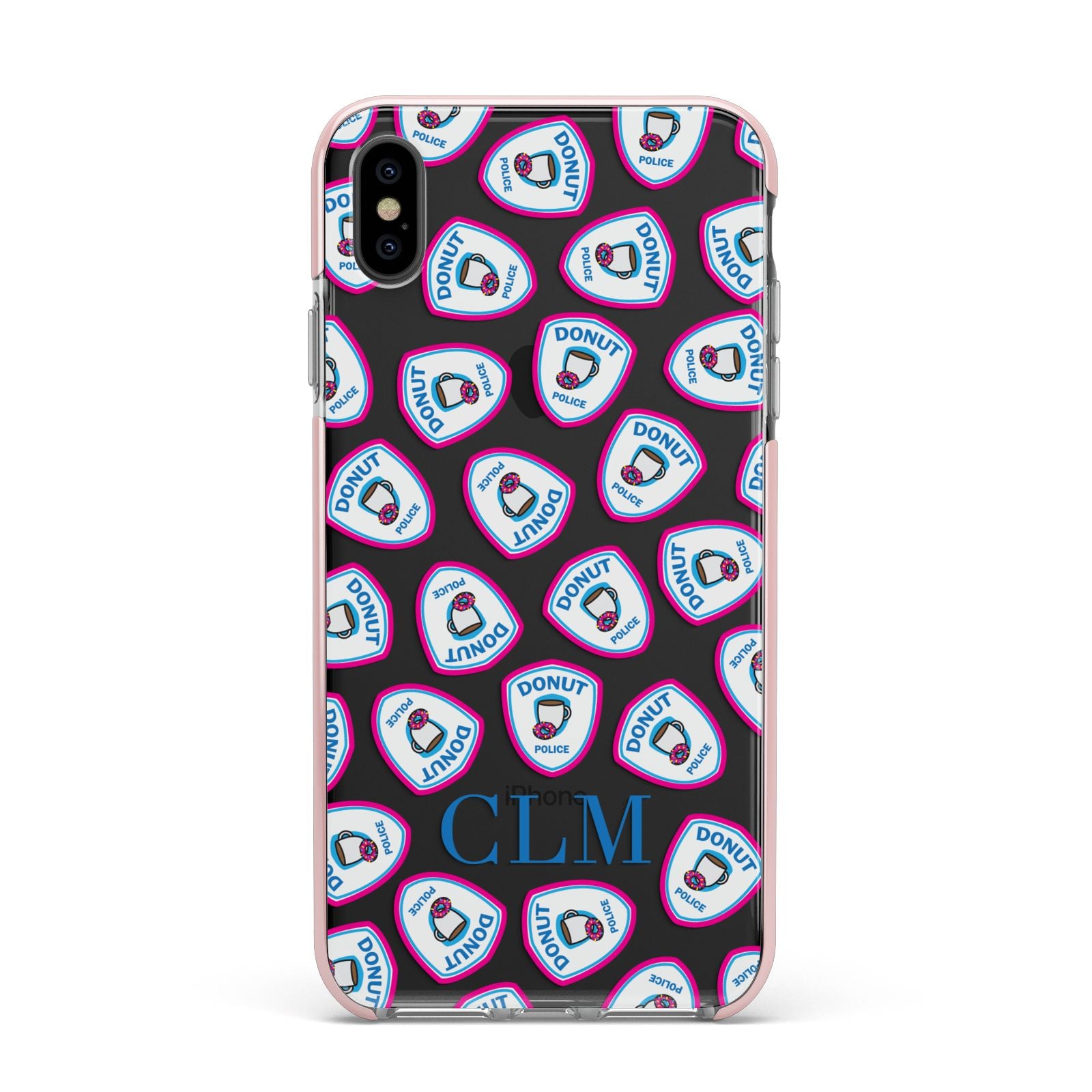 Personalised Donut Police Initials Apple iPhone Xs Max Impact Case Pink Edge on Black Phone