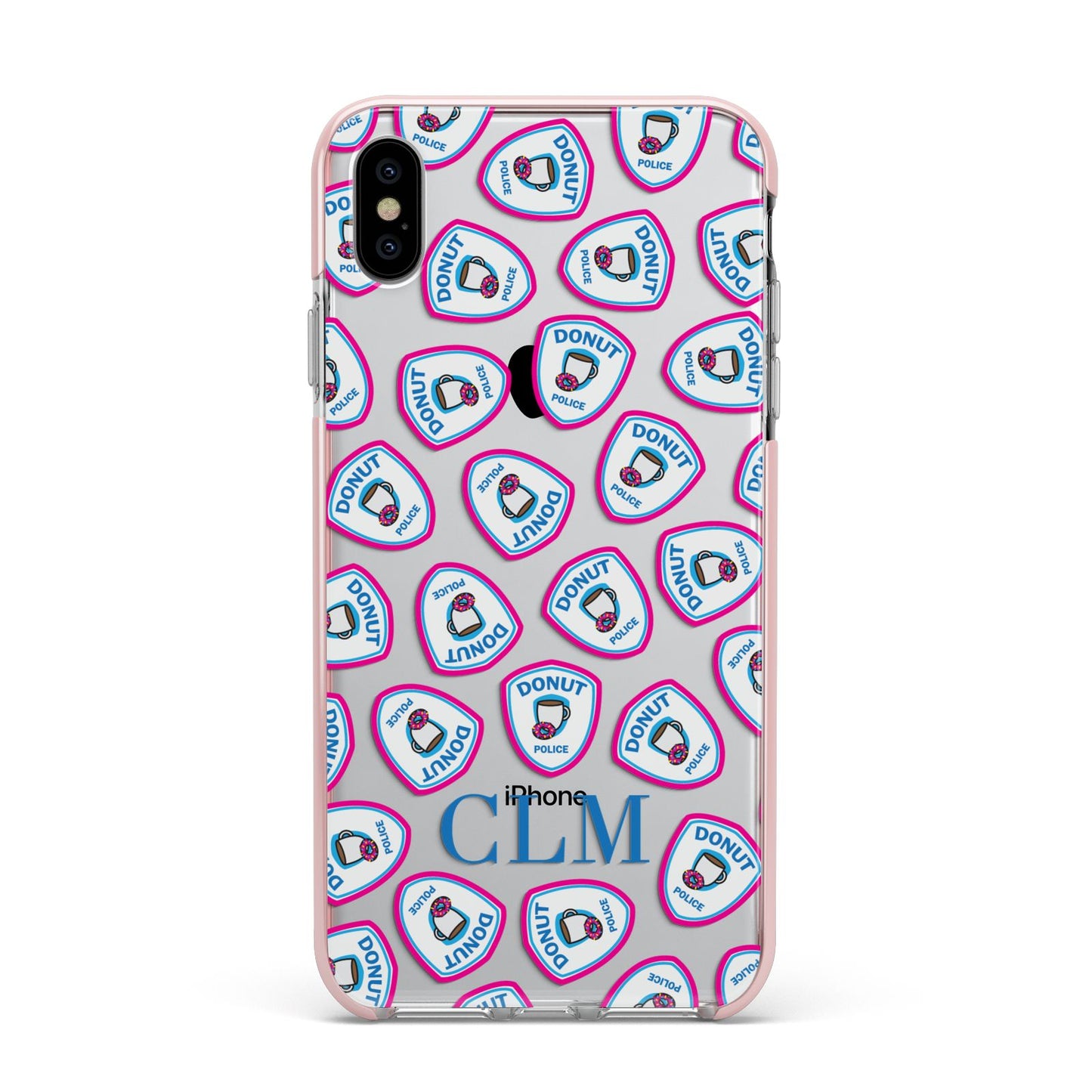 Personalised Donut Police Initials Apple iPhone Xs Max Impact Case Pink Edge on Silver Phone