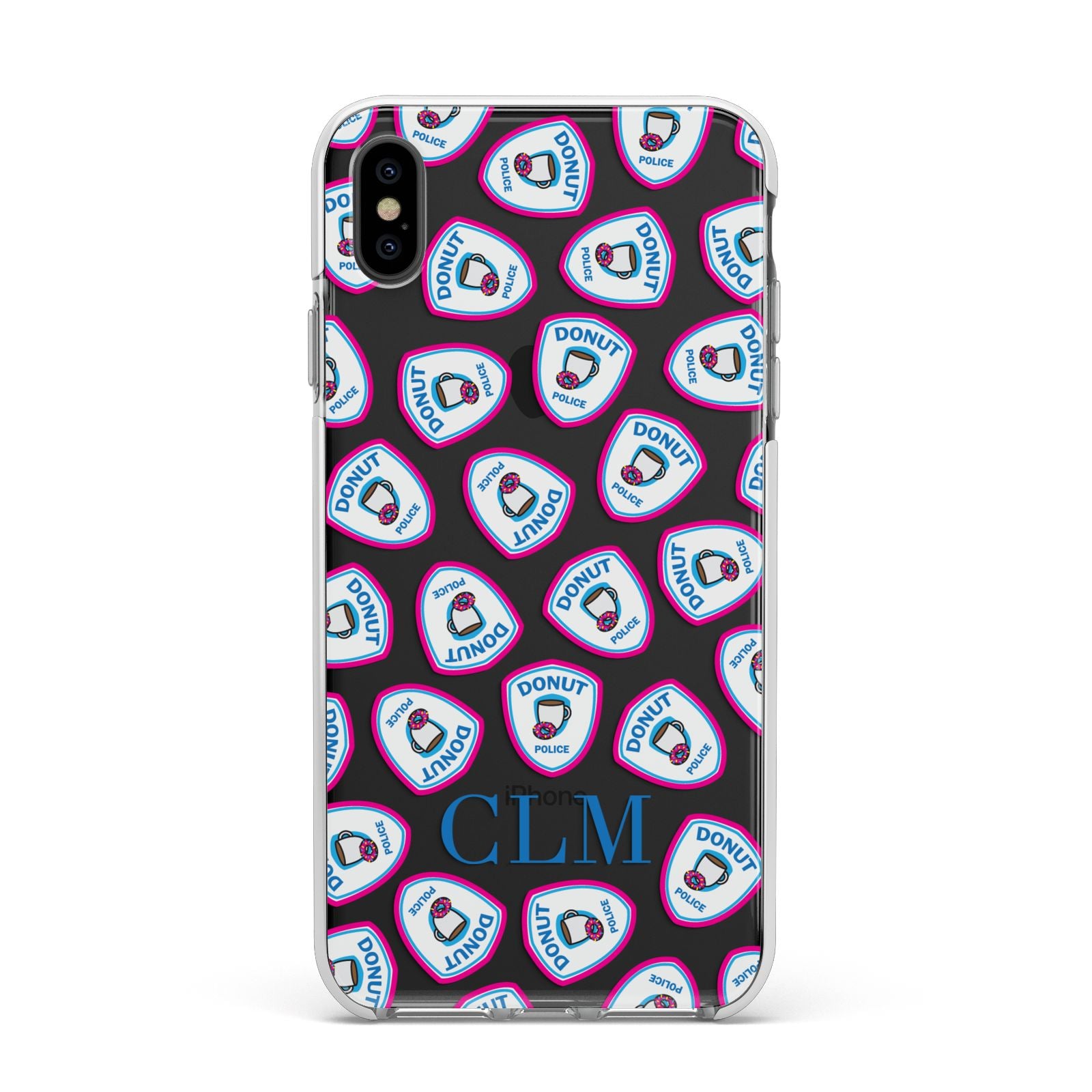 Personalised Donut Police Initials Apple iPhone Xs Max Impact Case White Edge on Black Phone