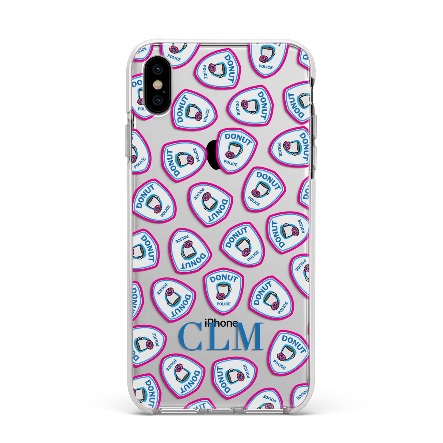 Personalised Donut Police Initials Apple iPhone Xs Max Impact Case White Edge on Silver Phone