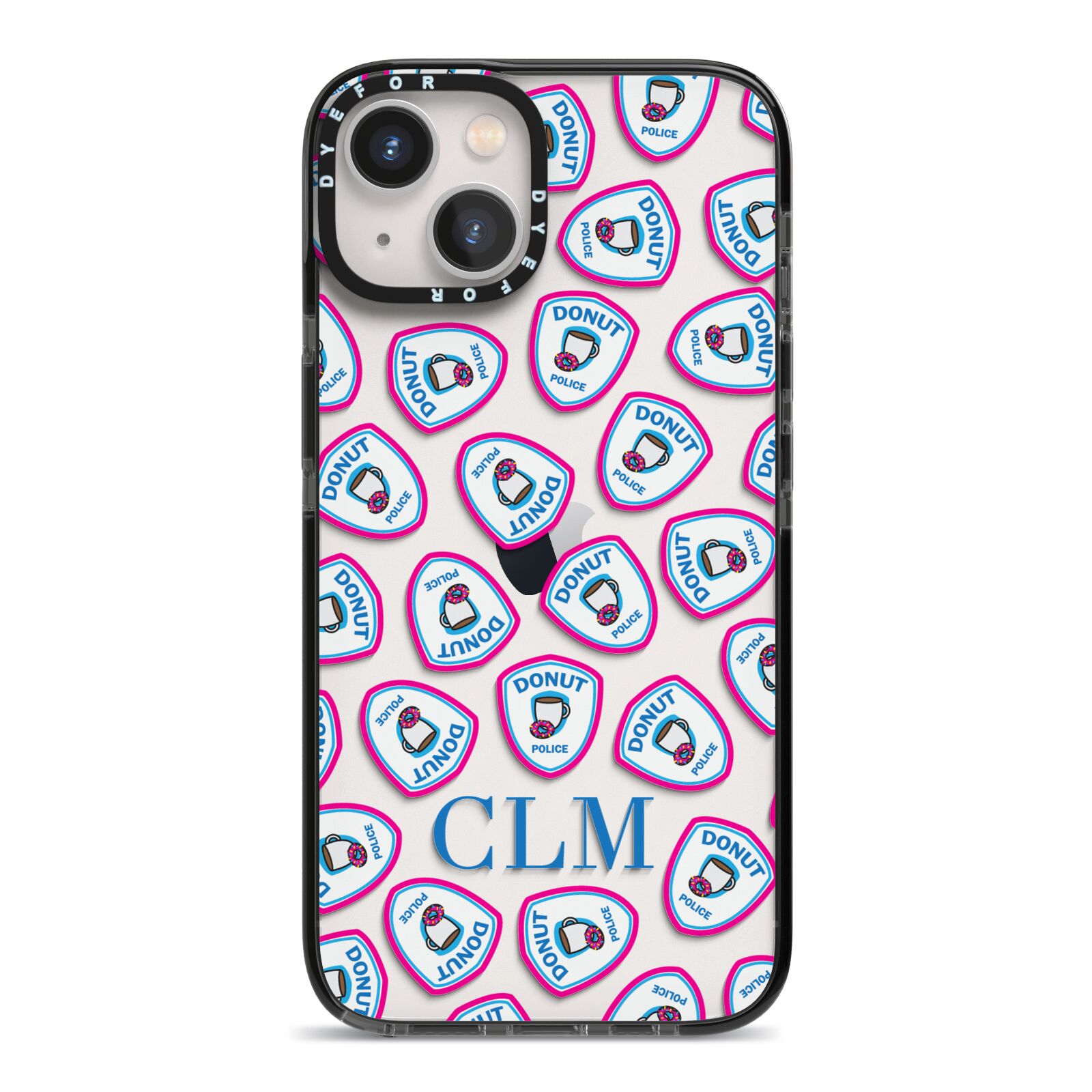 Personalised Donut Police Initials iPhone 13 Black Impact Case on Silver phone