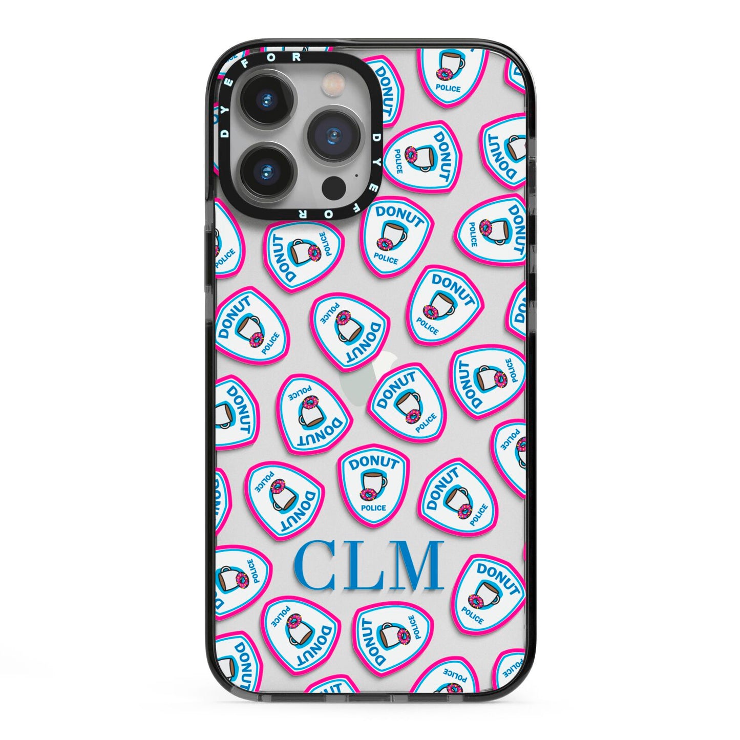 Personalised Donut Police Initials iPhone 13 Pro Max Black Impact Case on Silver phone