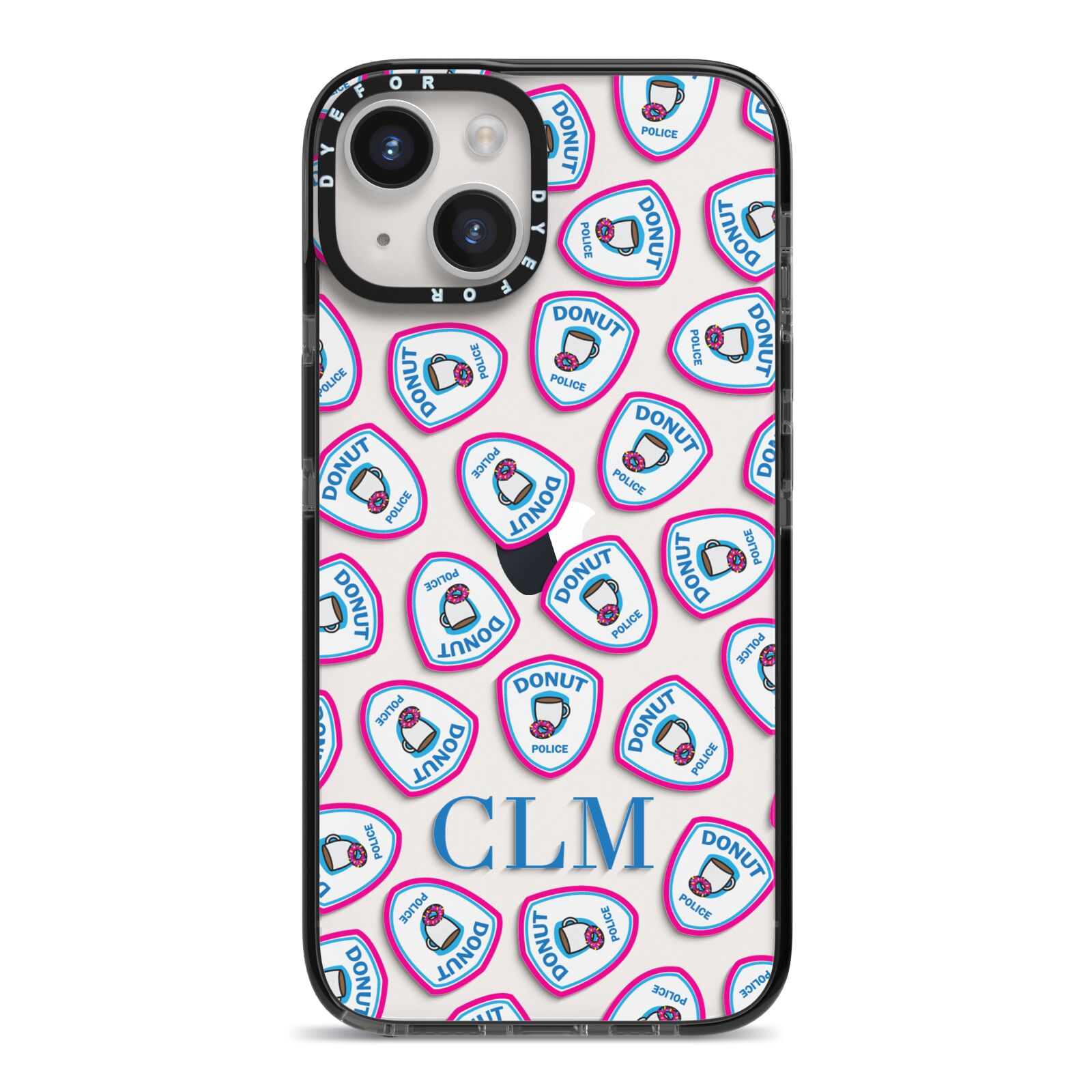 Personalised Donut Police Initials iPhone 14 Black Impact Case on Silver phone