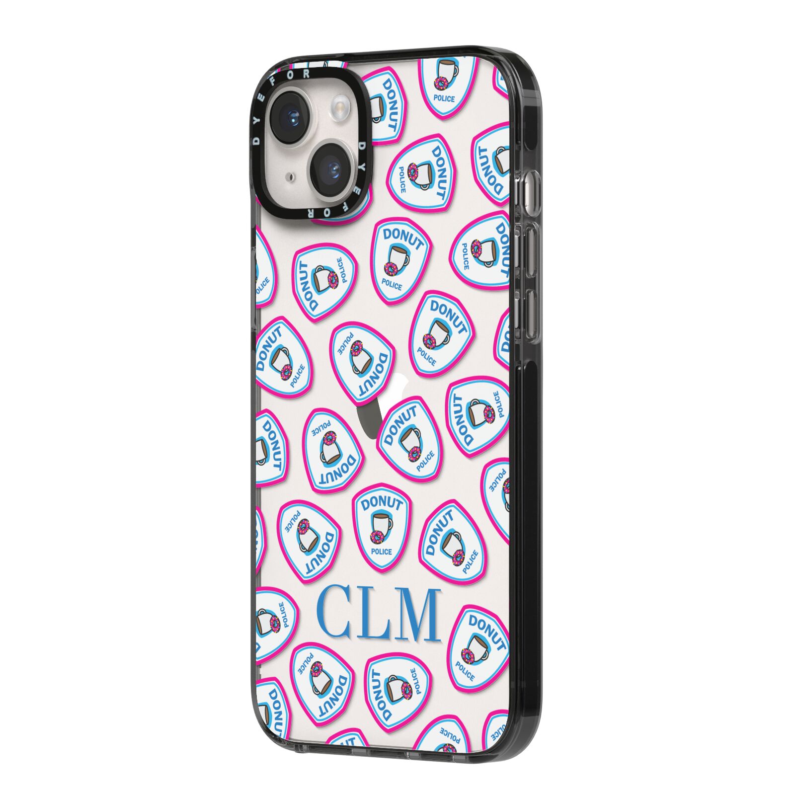 Personalised Donut Police Initials iPhone 14 Plus Black Impact Case Side Angle on Silver phone