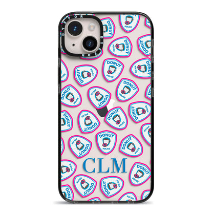 Personalised Donut Police Initials iPhone 14 Plus Black Impact Case on Silver phone