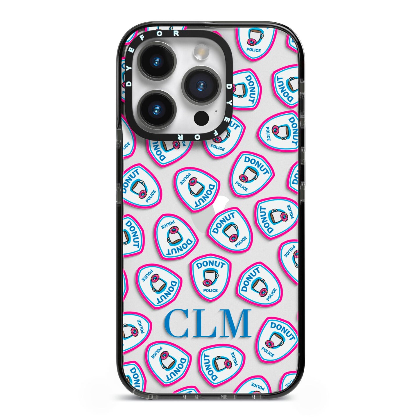 Personalised Donut Police Initials iPhone 14 Pro Black Impact Case on Silver phone