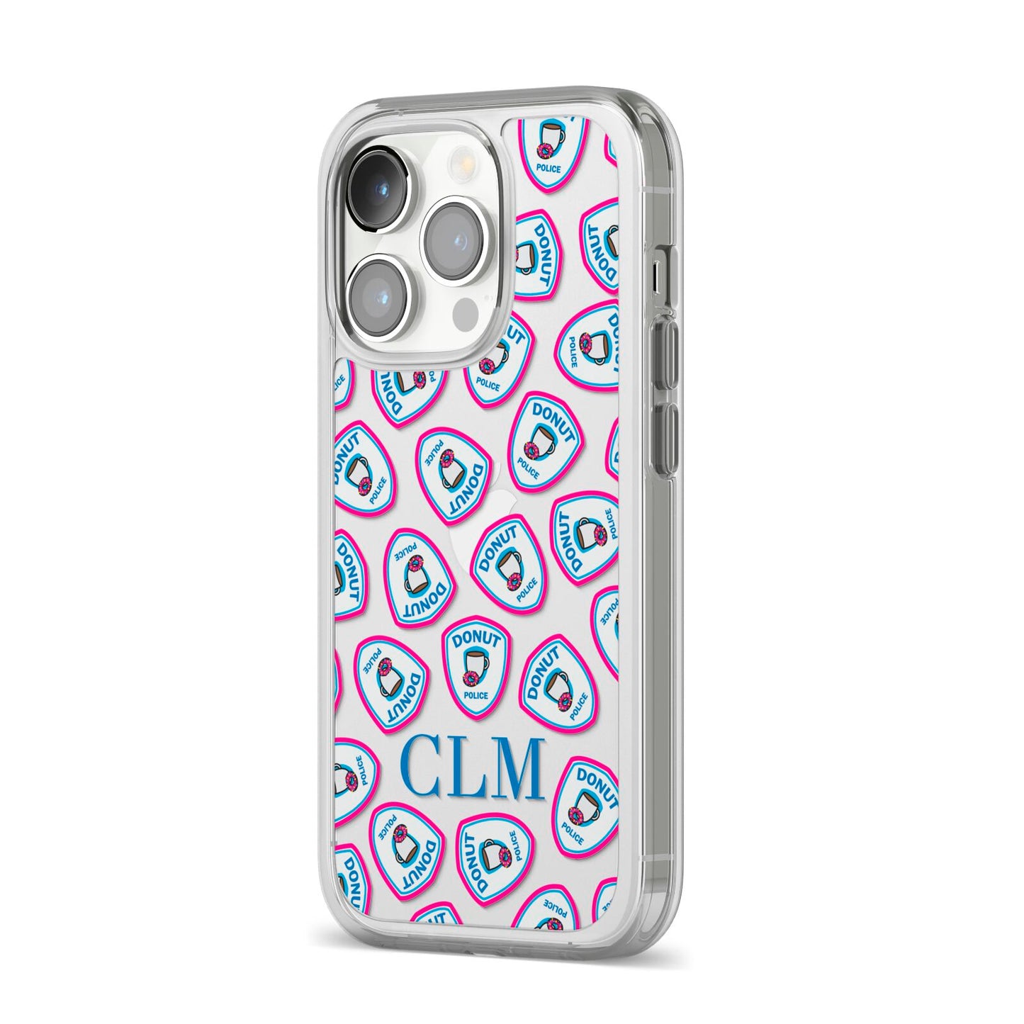 Personalised Donut Police Initials iPhone 14 Pro Clear Tough Case Silver Angled Image