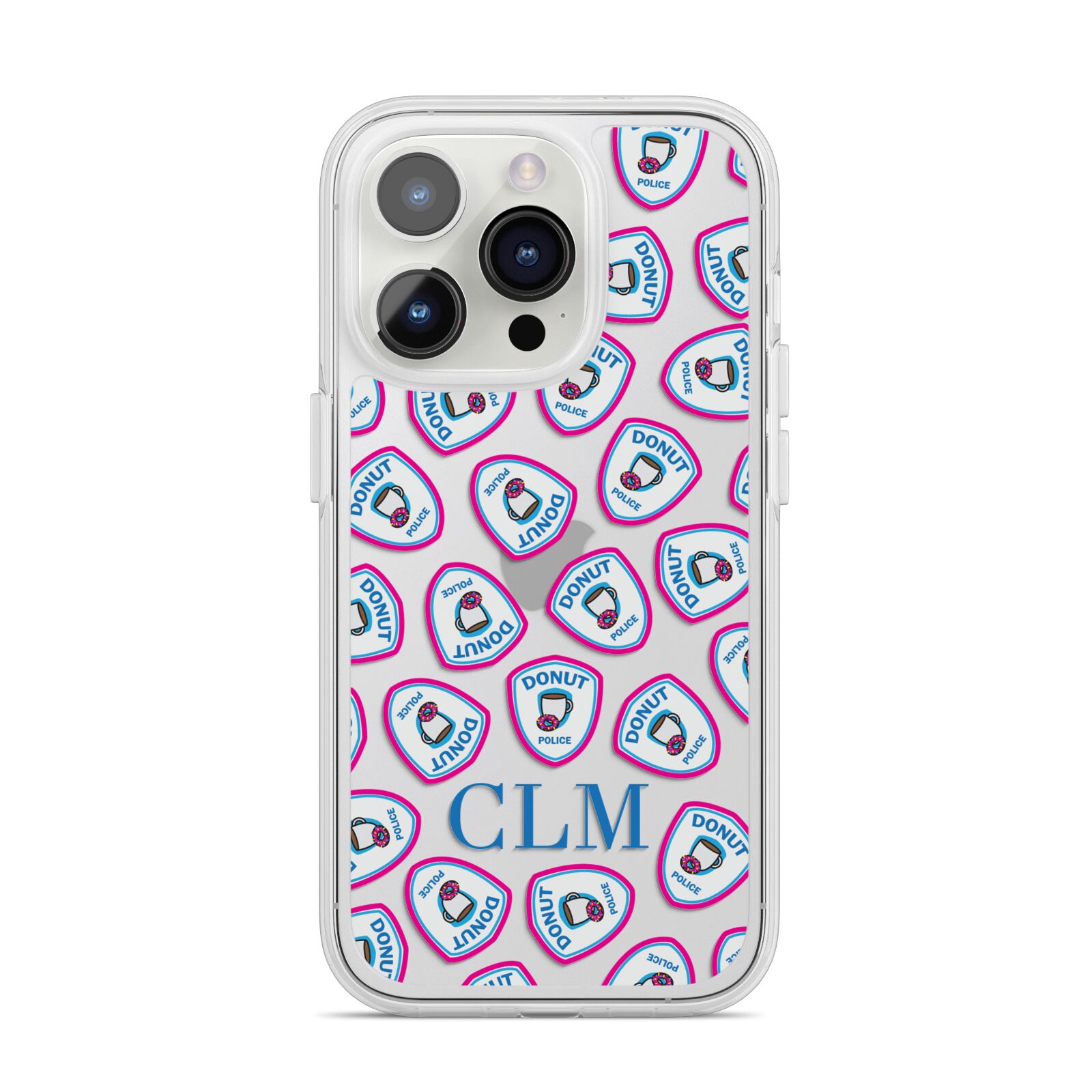 Personalised Donut Police Initials iPhone 14 Pro Clear Tough Case Silver
