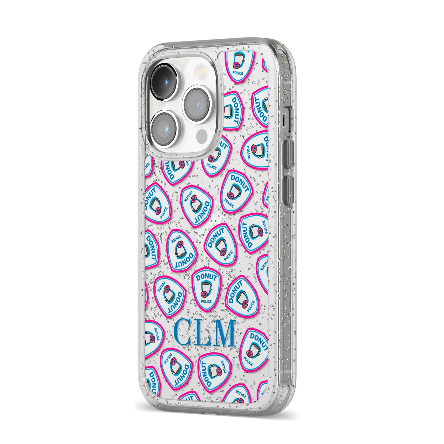 Personalised Donut Police Initials iPhone 14 Pro Glitter Tough Case Silver Angled Image