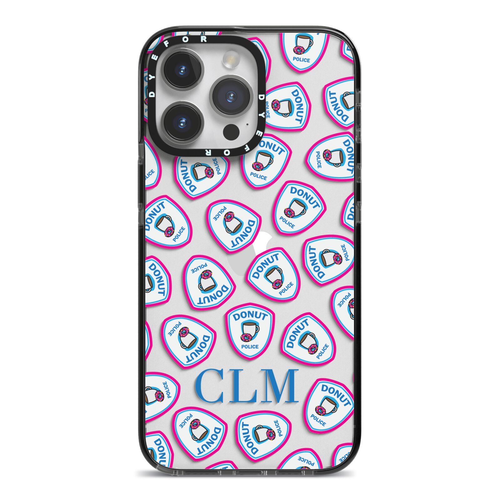 Personalised Donut Police Initials iPhone 14 Pro Max Black Impact Case on Silver phone