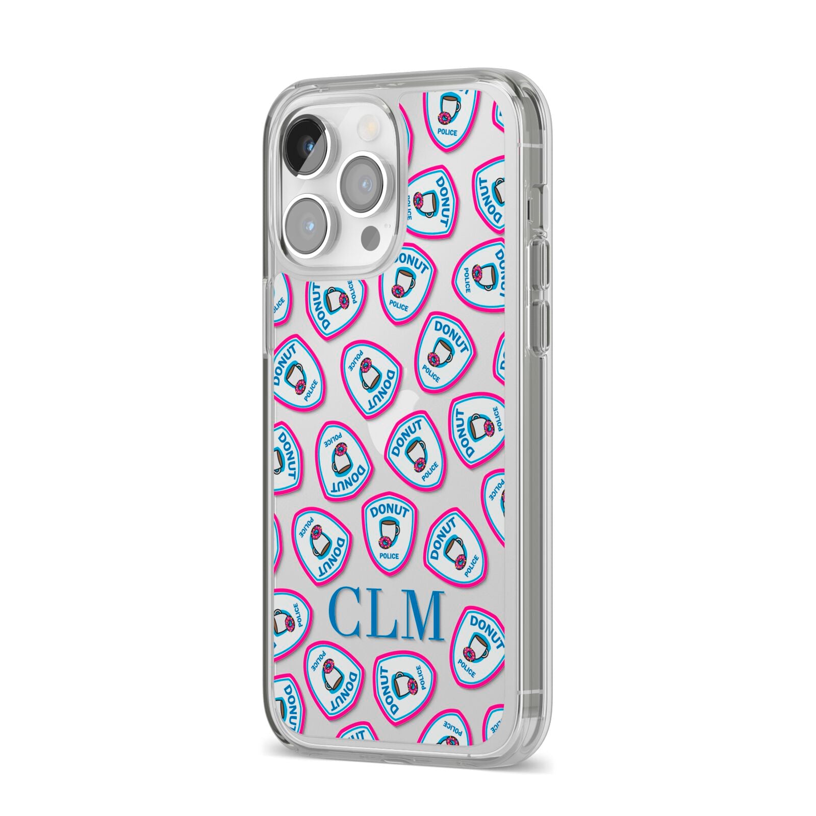 Personalised Donut Police Initials iPhone 14 Pro Max Clear Tough Case Silver Angled Image