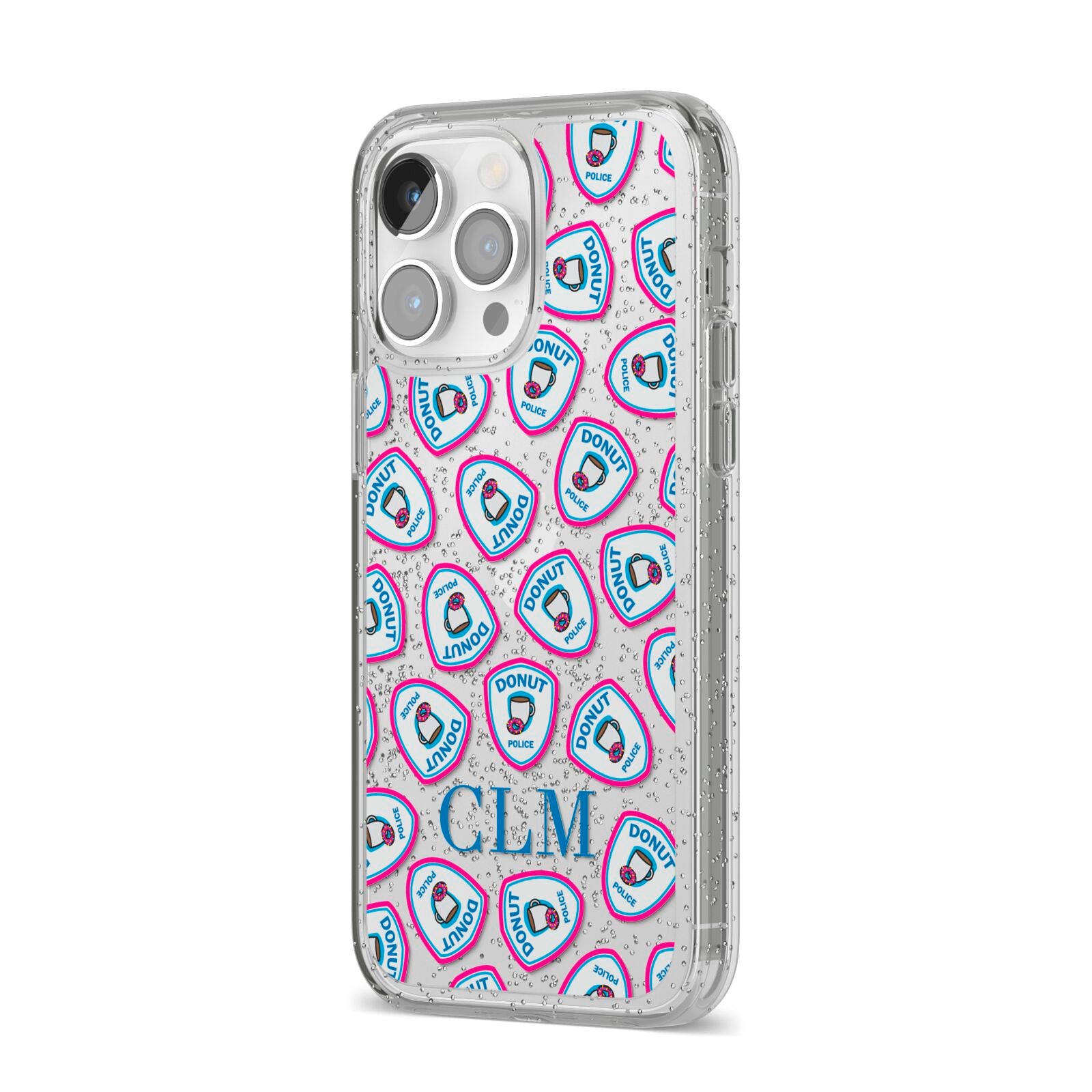Personalised Donut Police Initials iPhone 14 Pro Max Glitter Tough Case Silver Angled Image