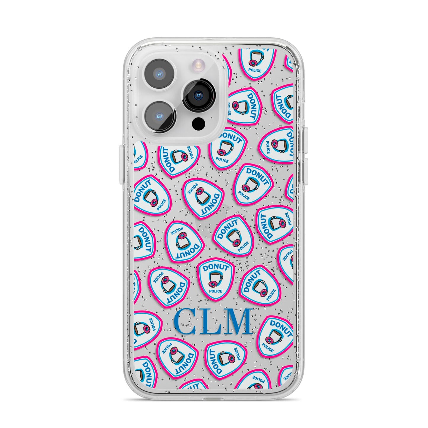 Personalised Donut Police Initials iPhone 14 Pro Max Glitter Tough Case Silver