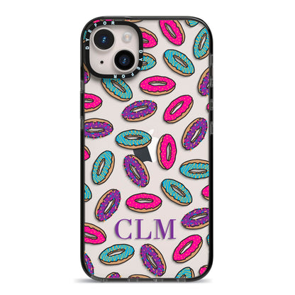 Personalised Donuts Initials iPhone 14 Plus Black Impact Case on Silver phone