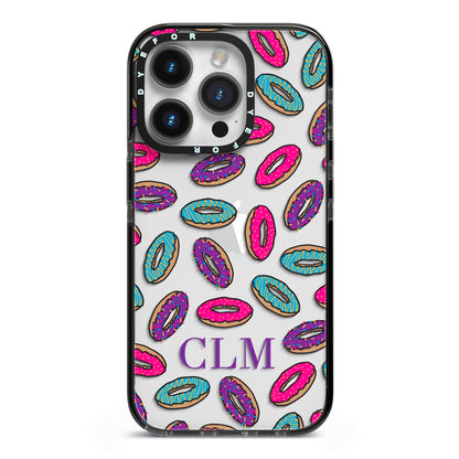 Personalised Donuts Initials iPhone 14 Pro Black Impact Case on Silver phone