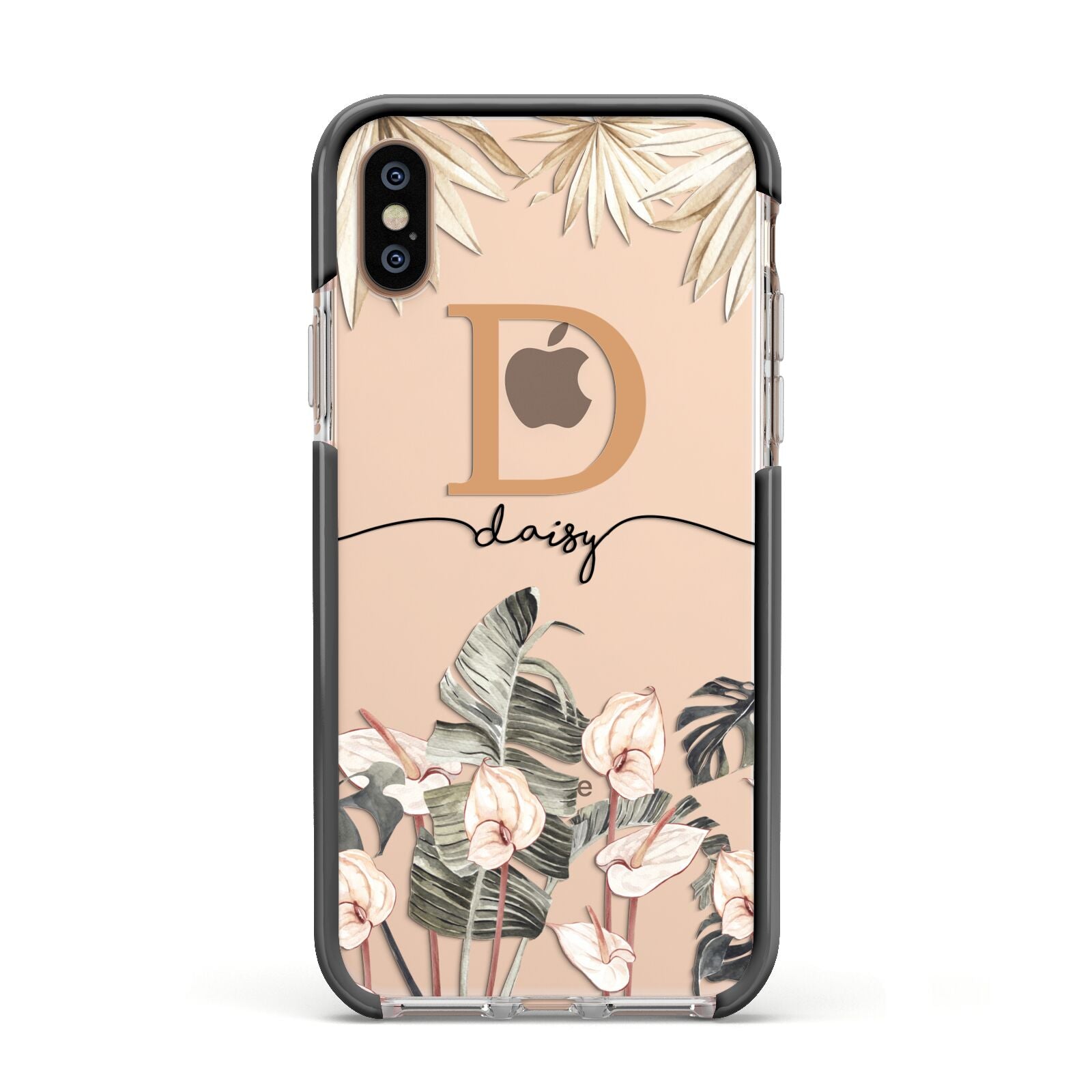 Personalised Dried Flowers Apple iPhone Xs Impact Case Black Edge on Gold Phone