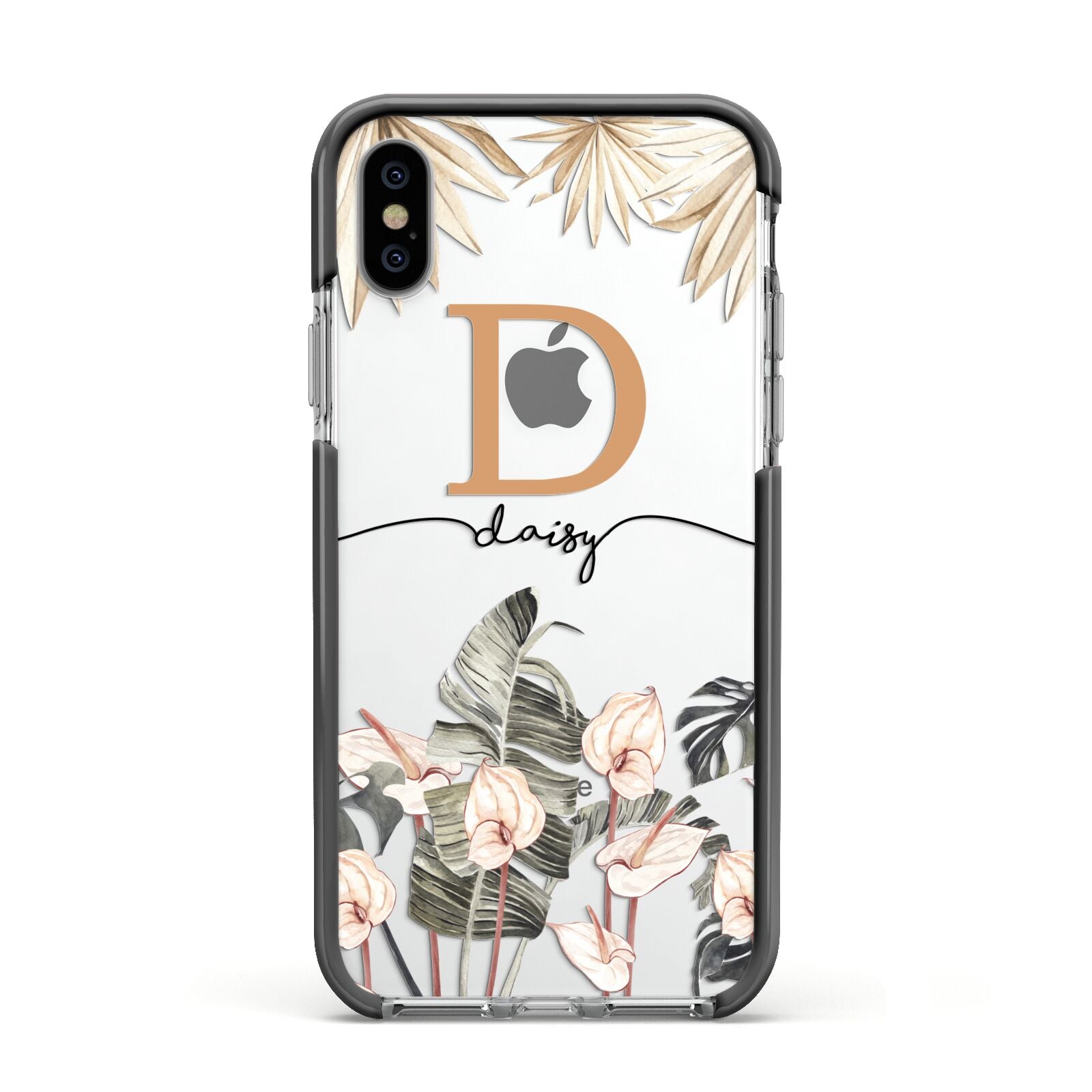 Personalised Dried Flowers Apple iPhone Xs Impact Case Black Edge on Silver Phone