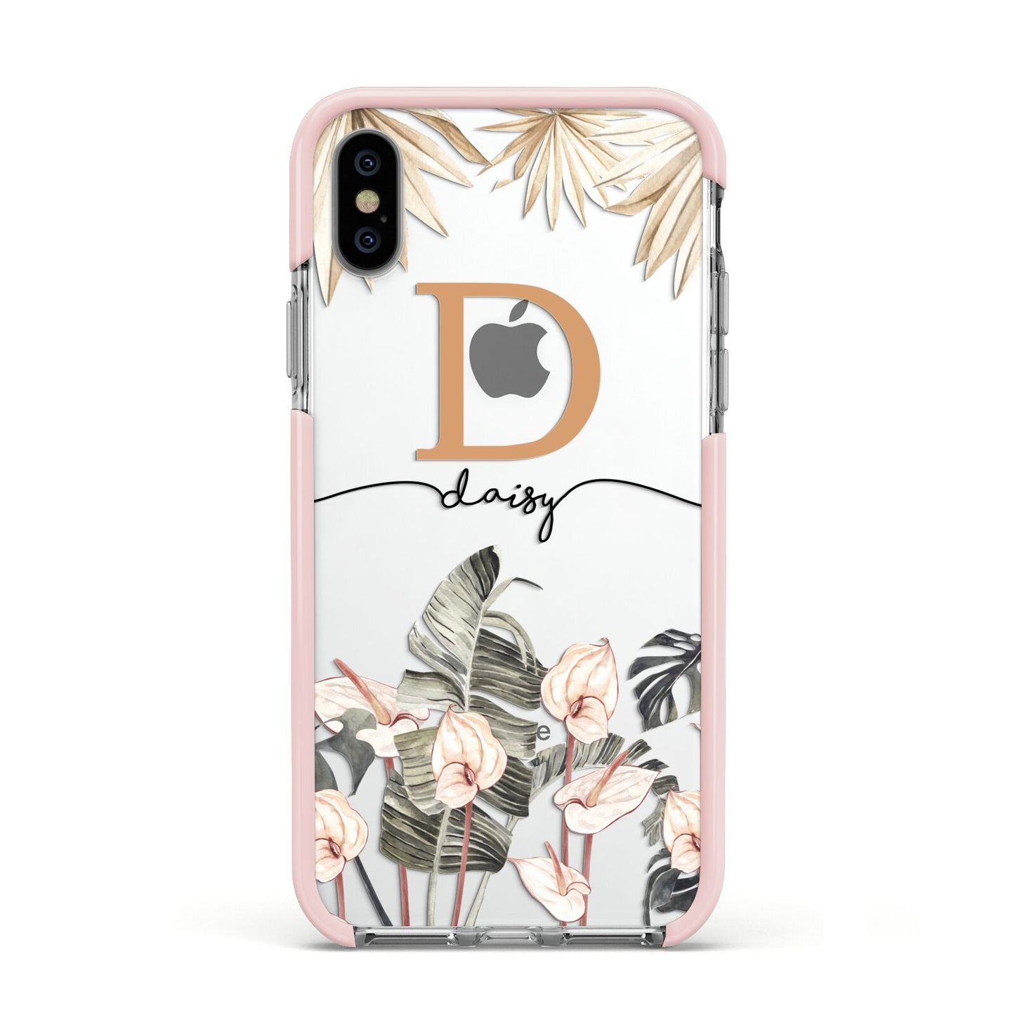 Personalised Dried Flowers Apple iPhone Xs Impact Case Pink Edge on Silver Phone