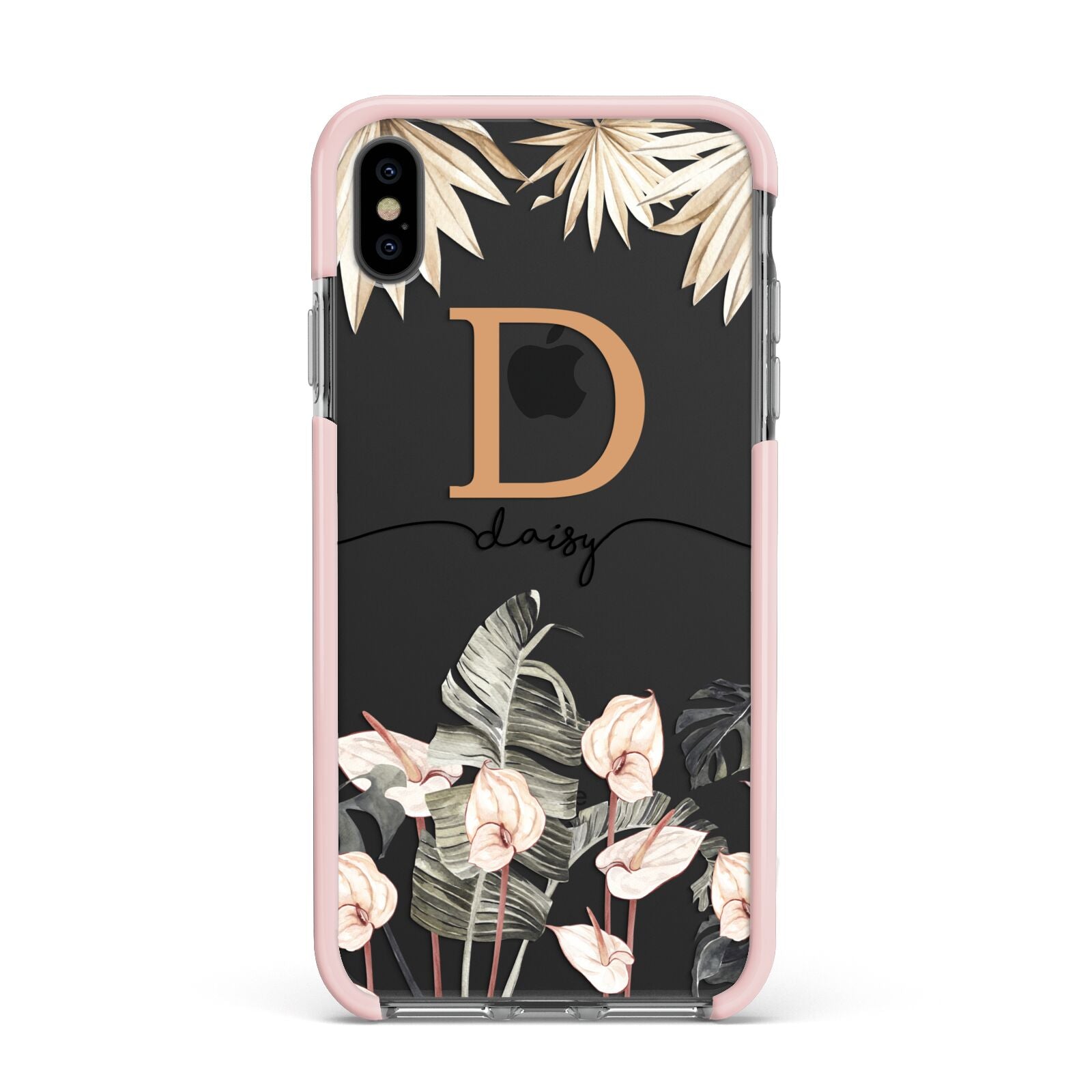 Personalised Dried Flowers Apple iPhone Xs Max Impact Case Pink Edge on Black Phone