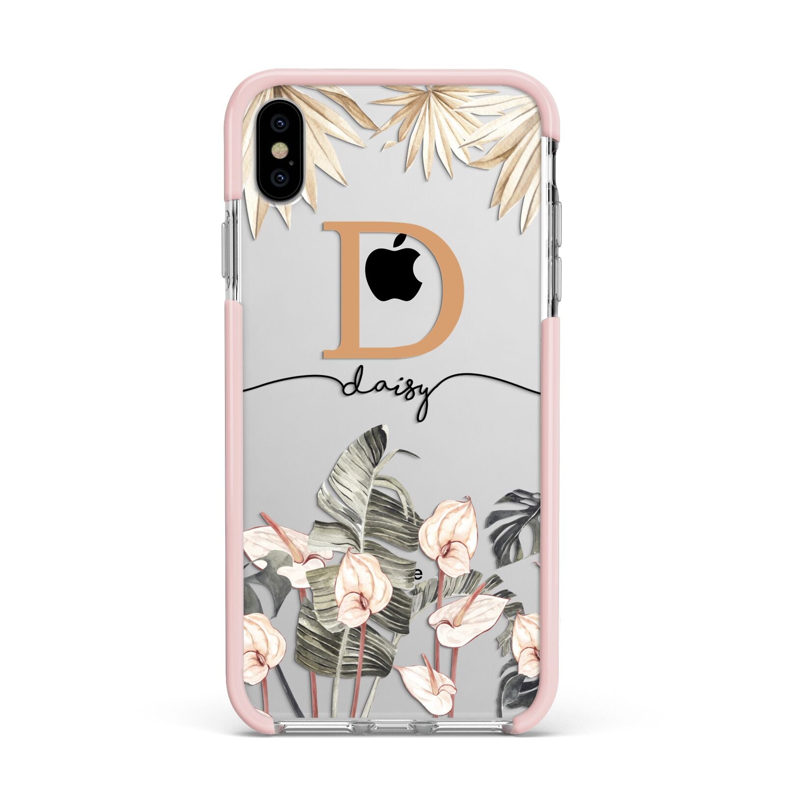 Personalised Dried Flowers Apple iPhone Xs Max Impact Case Pink Edge on Silver Phone