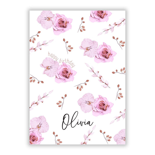 Personalised Dusty Pink Flowers A5 Flat Greetings Card