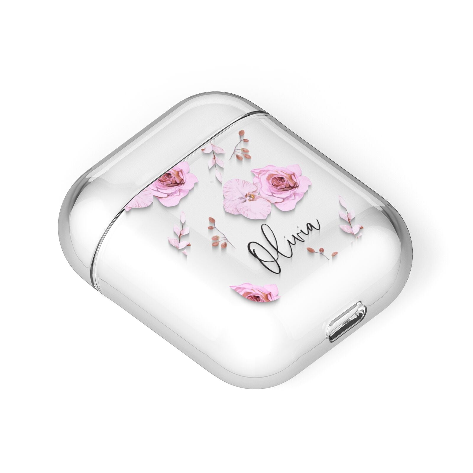 Personalised Dusty Pink Flowers AirPods Case Laid Flat